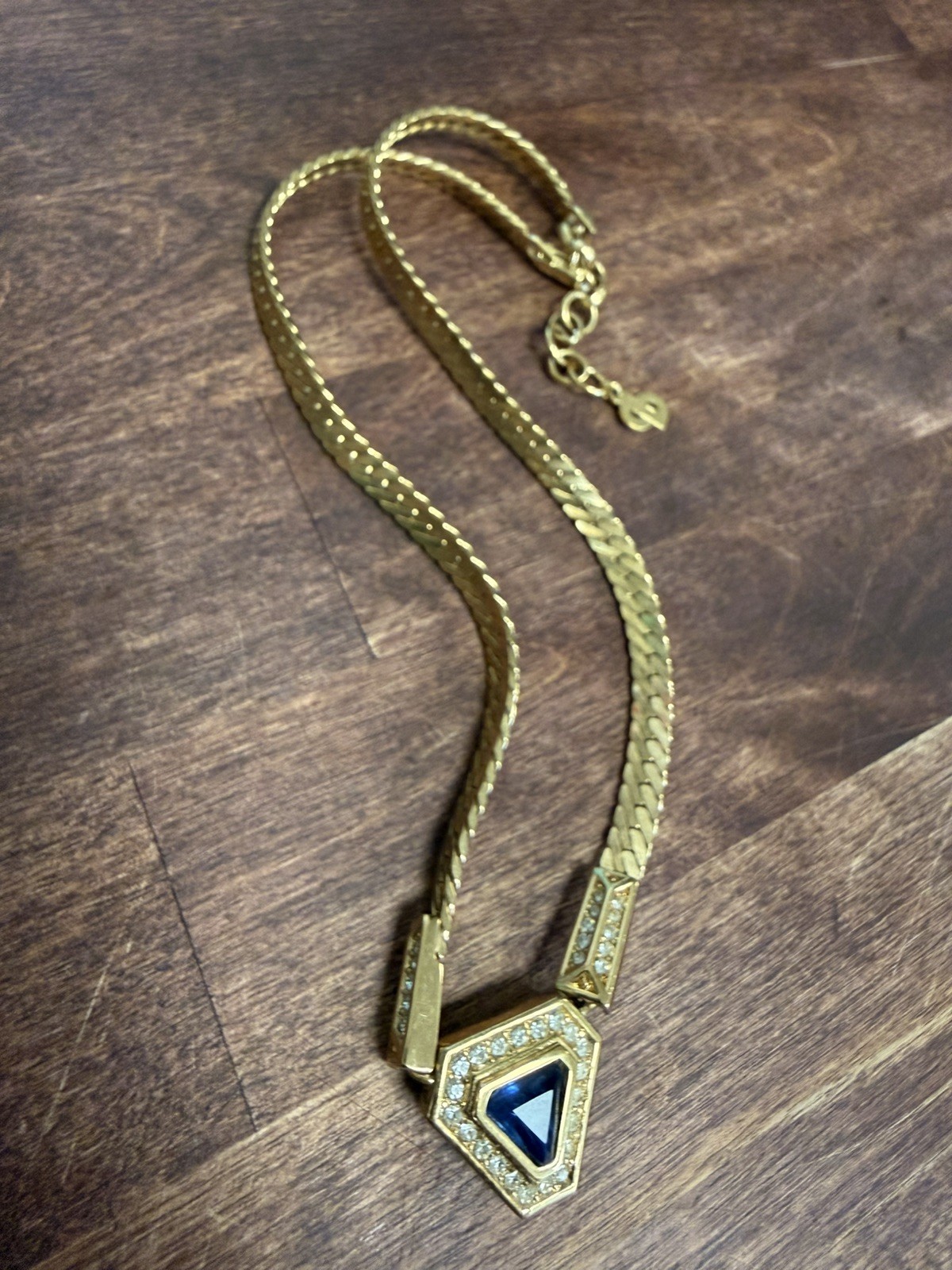 Vintage Christian Dior Blue Crystal Geometric Statement Necklace Gold 17-19”