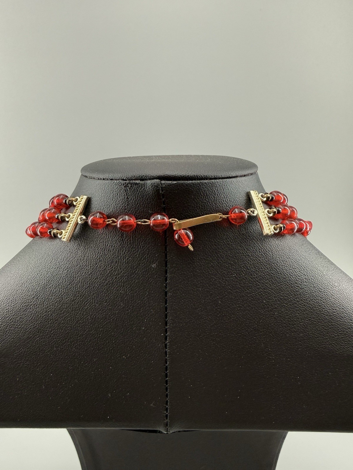Vintage West Germany Ruby Red Glass Bead 3 Strand Necklace Art Glass Accent