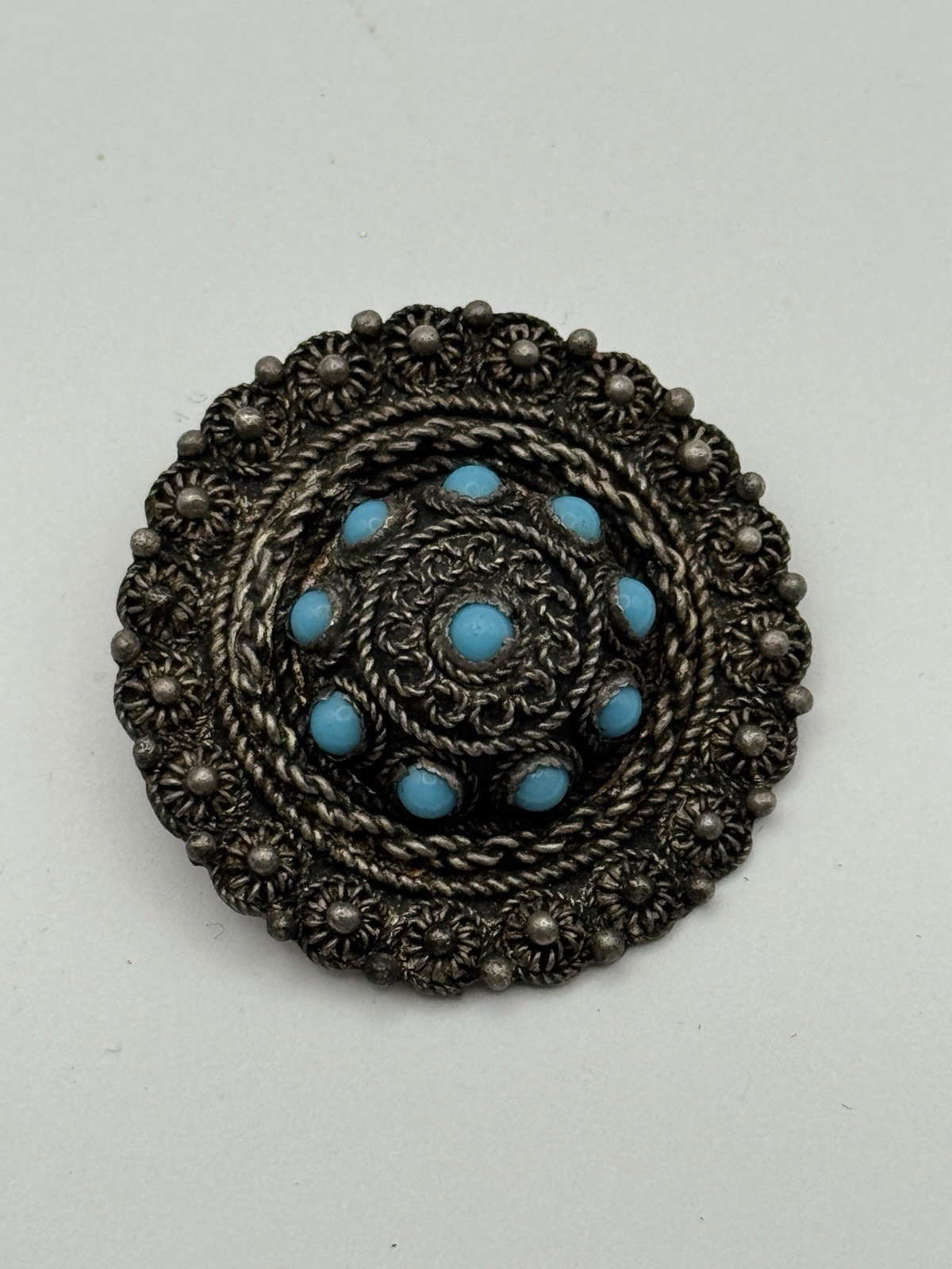 Antique Cannetille 900 Silver & Turquoise Etruscan Design Brooch/Pin *read*