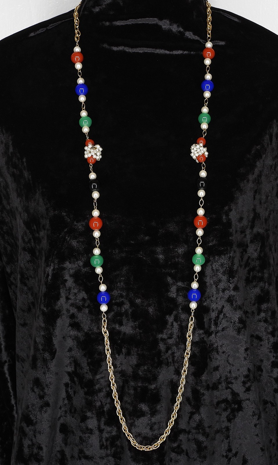 Vintage GEOFFREY BEENE Kramer Long Gold Tone Chain w Red Blue Green Pearl Beads