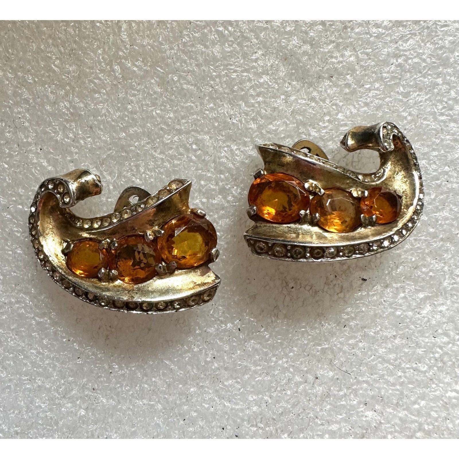 1940’s Trifari Sterling Silver w/ Gold Wash & Citrine Rhinestones Earrings