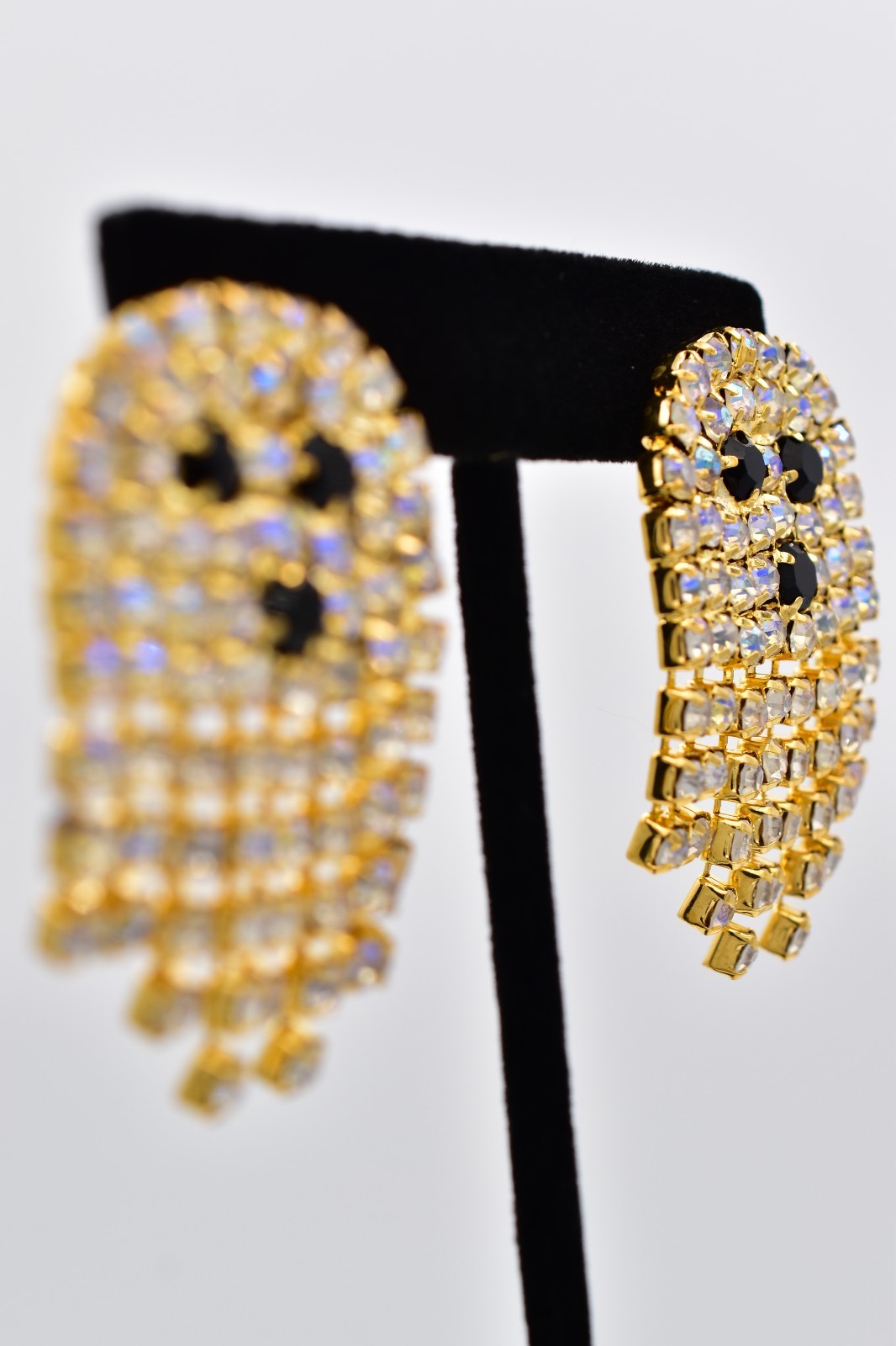 Vintage Rhinestone Crystal Ghost Earrings AB Dangle Chandelier Halloween BinAO