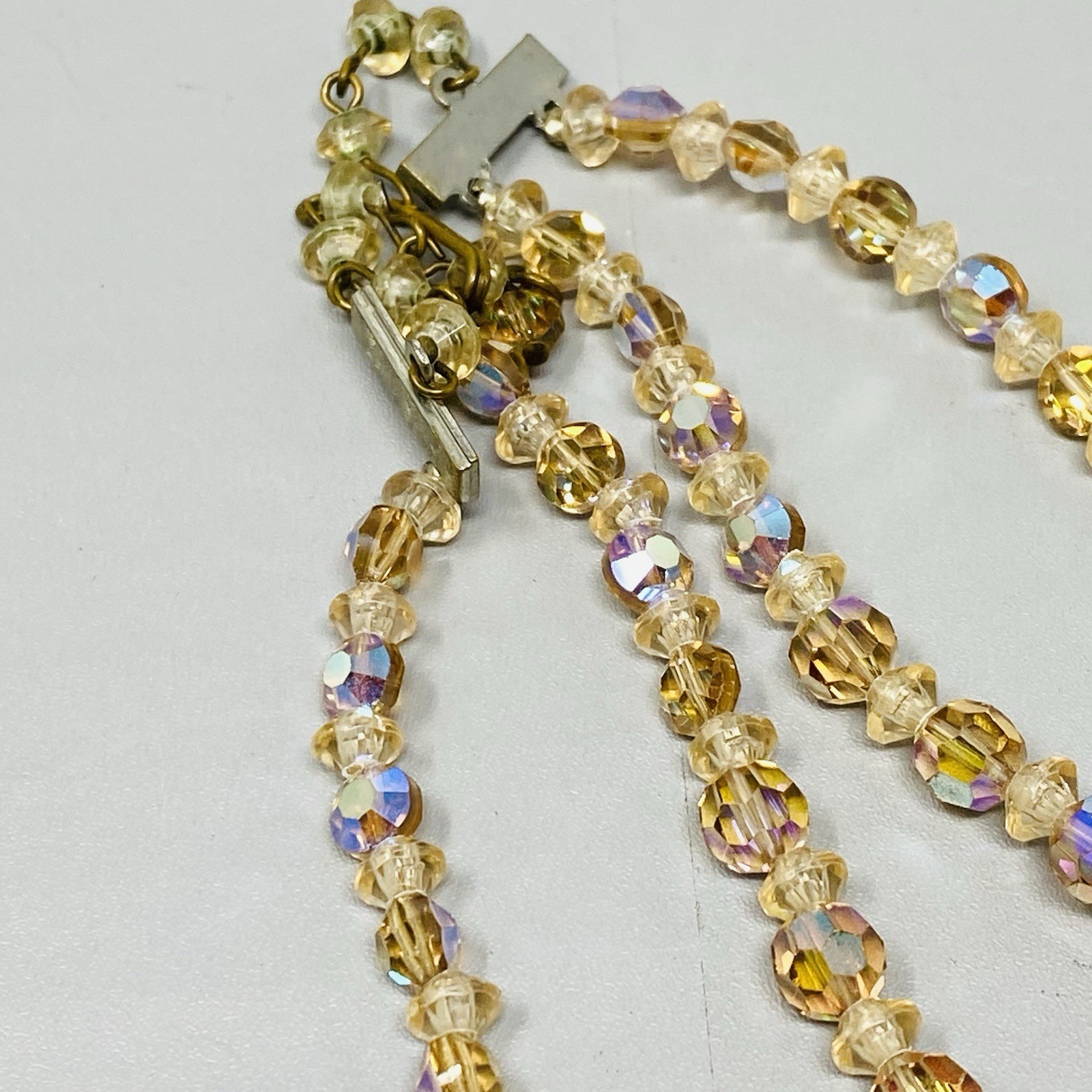 VTG Crystal Beaded Necklace Champagne Aurora Borealis Faceted Double Strand 15″