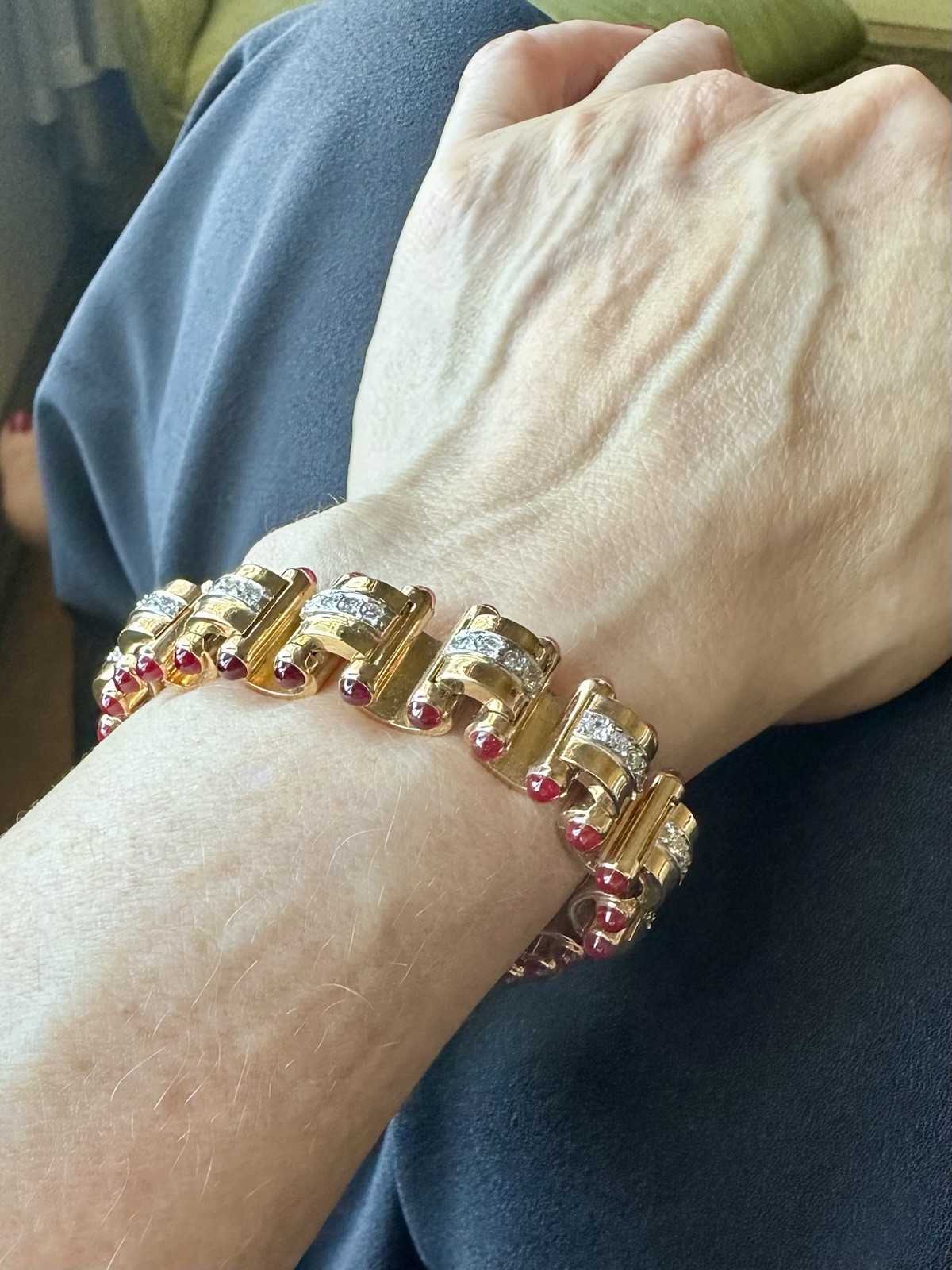 Signed J. Roca Retro Diamond & Cabochon Ruby Bracelet – 18k Rose Gold