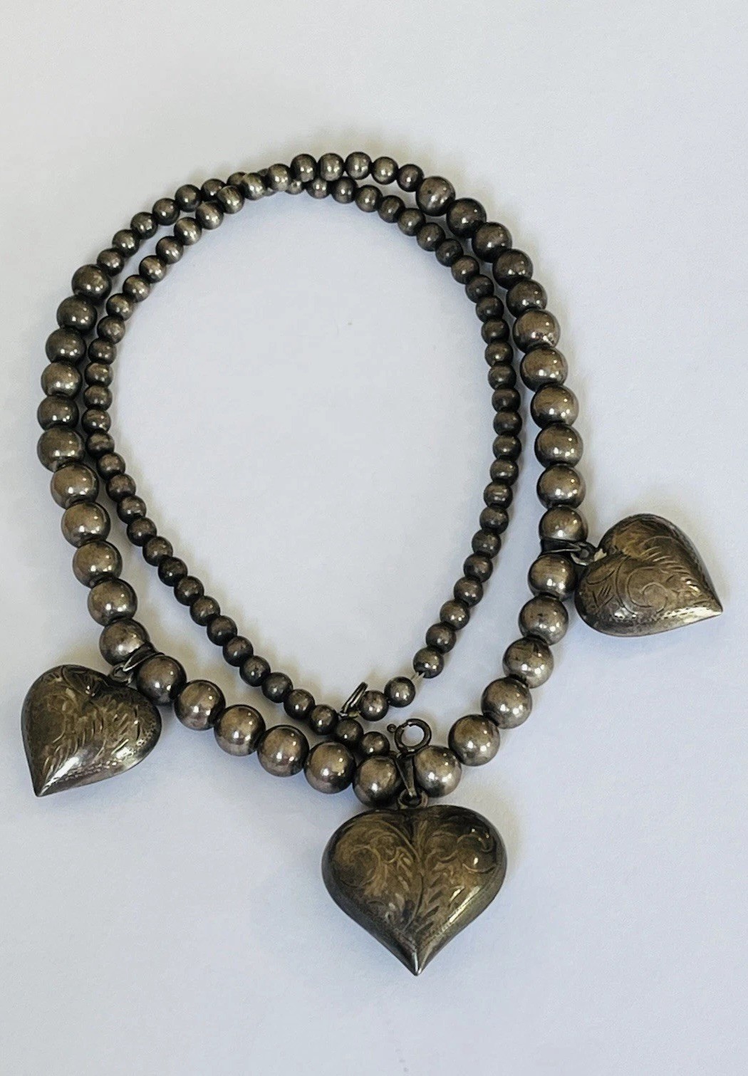 Vintage Sterling Silver Heart Charms Pendant 8MM Ball Bead Necklace 41-Grams