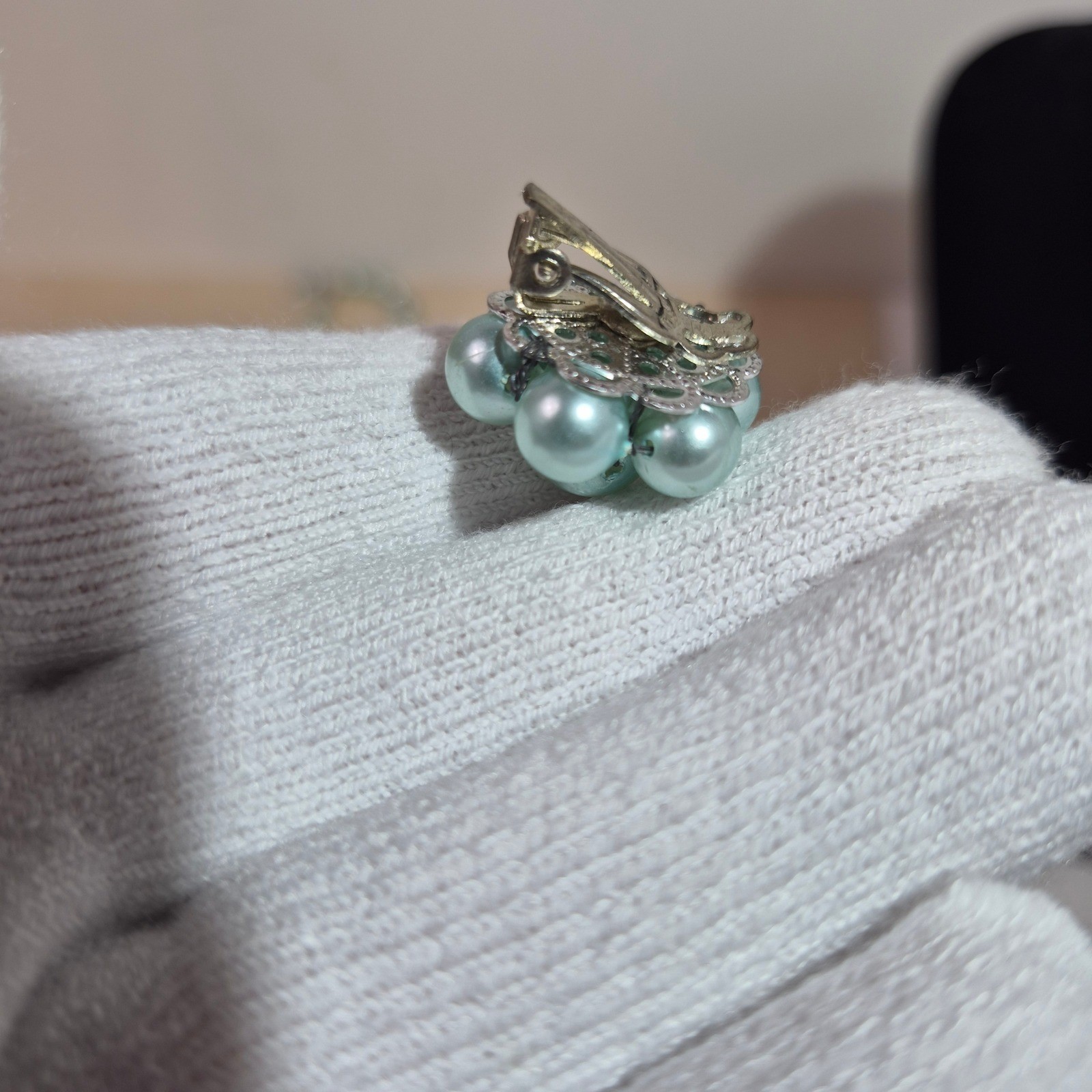 Vintage Seafoam Green Faux Pearl Y-Drop Necklace and Cluster Clip-On Earrings