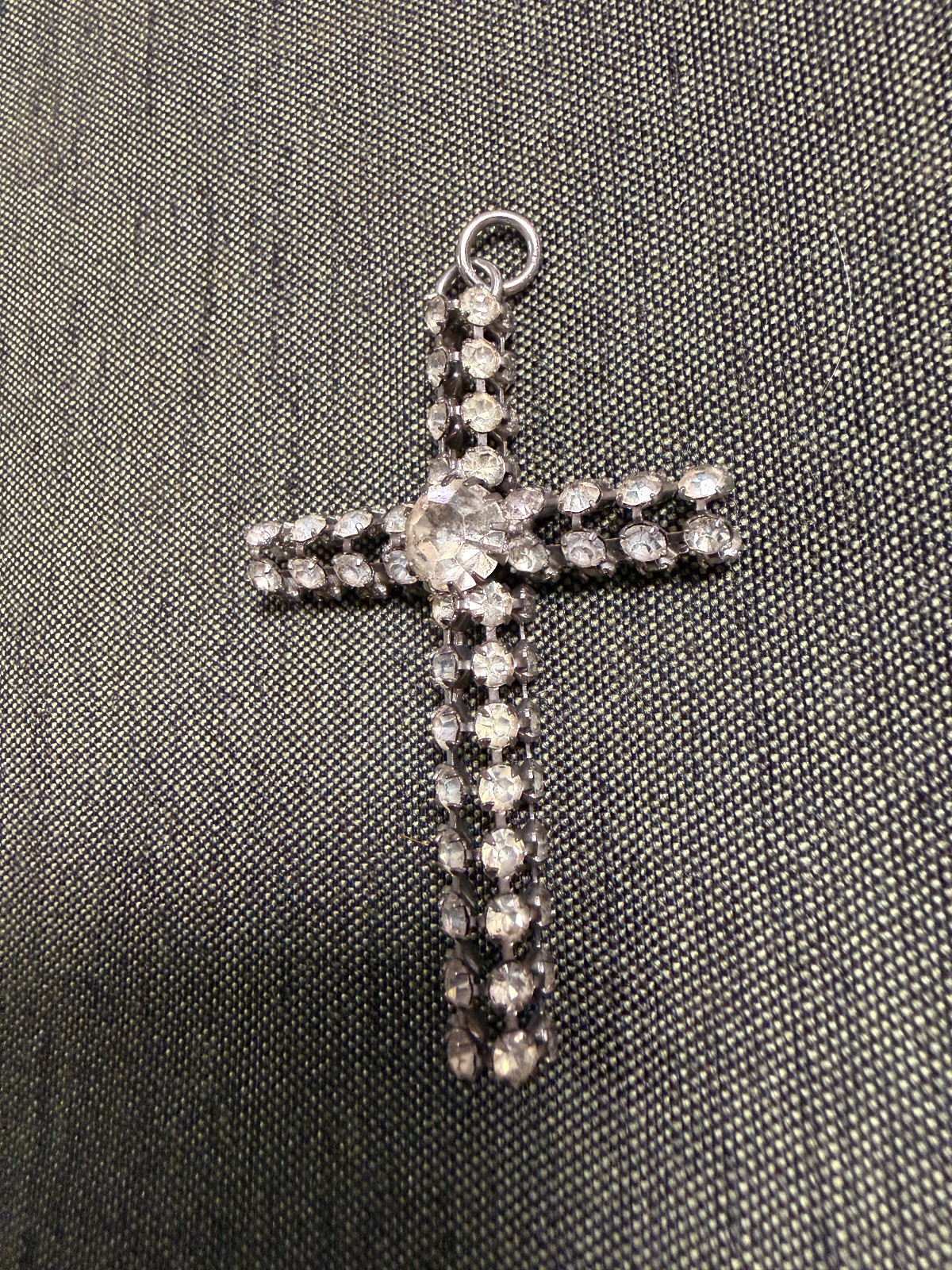 Vintage Metal and White Gem Stone 2″ Cross Pendant Silver Tone