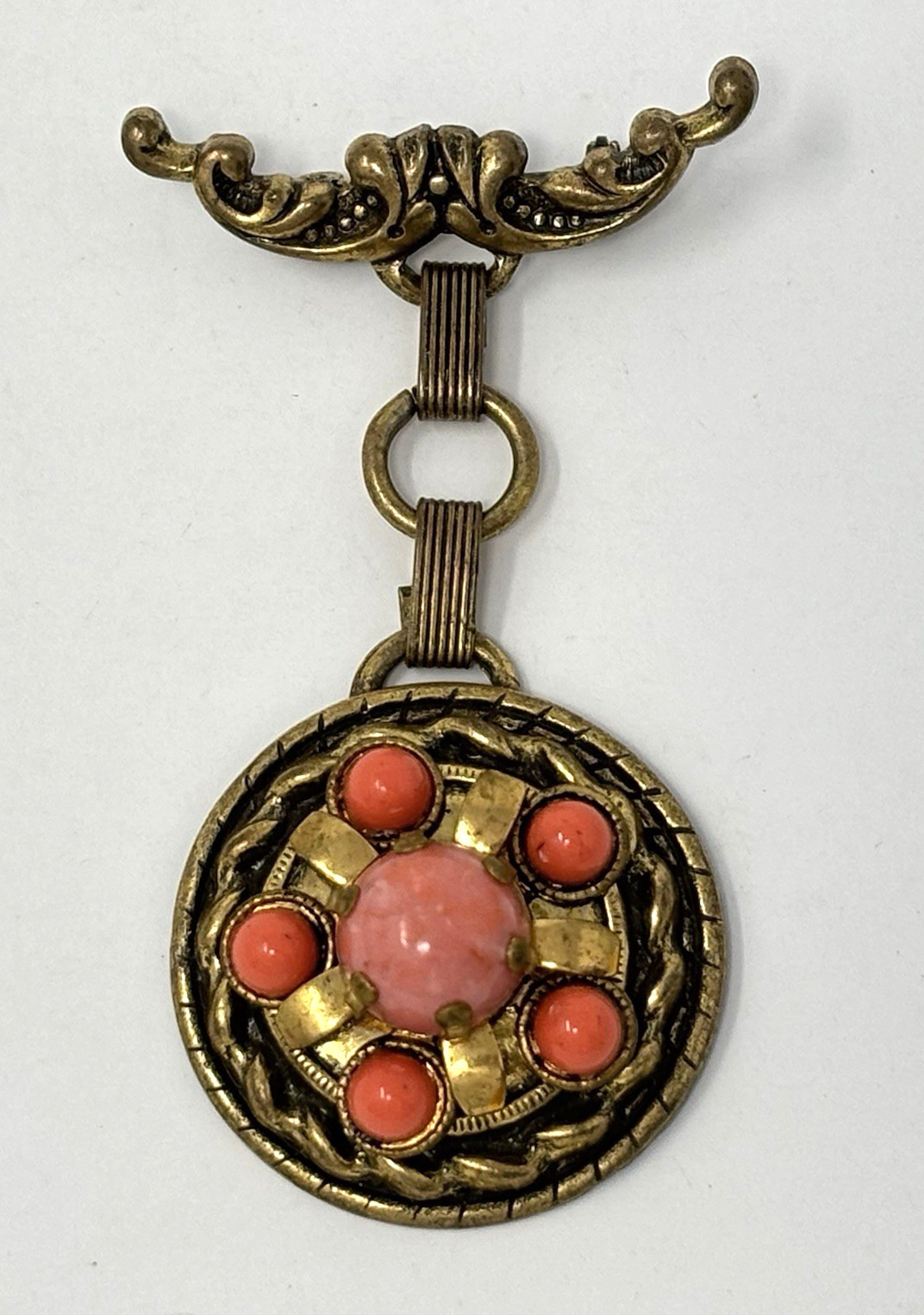 Vintage Etruscan Revival Style Book Chain Dangle Brooch Pin Faux Coral Cabochon