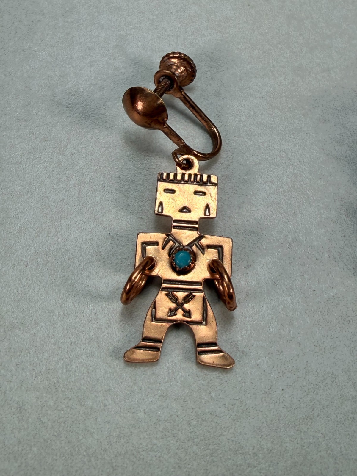Vintage Copper Native American Kachina Figure Dangle Screw Back Earrings