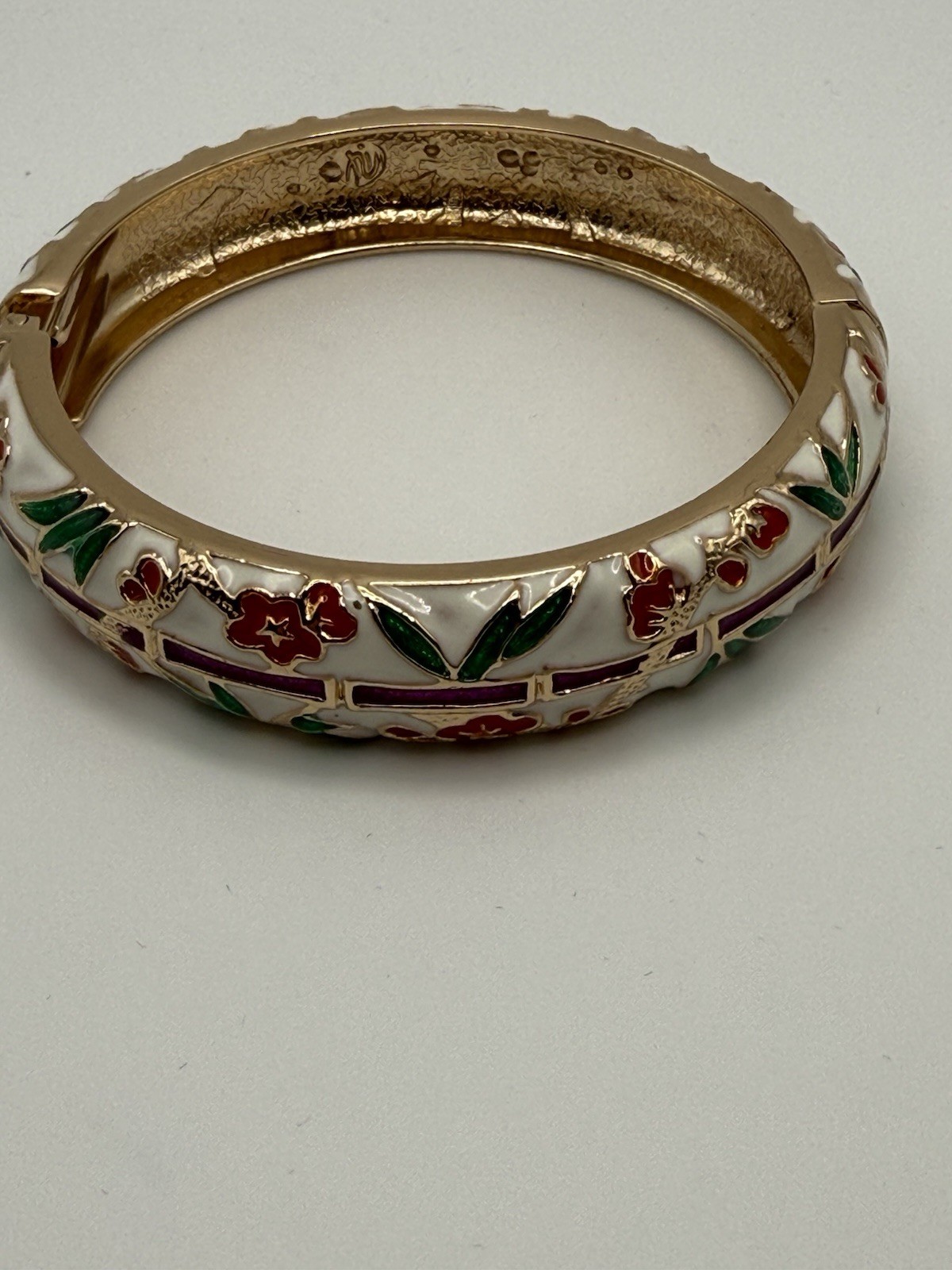 Jiu Long Xing- Red, Green, White, Purple Enamel Hinged Bangle Bracelet- Signed