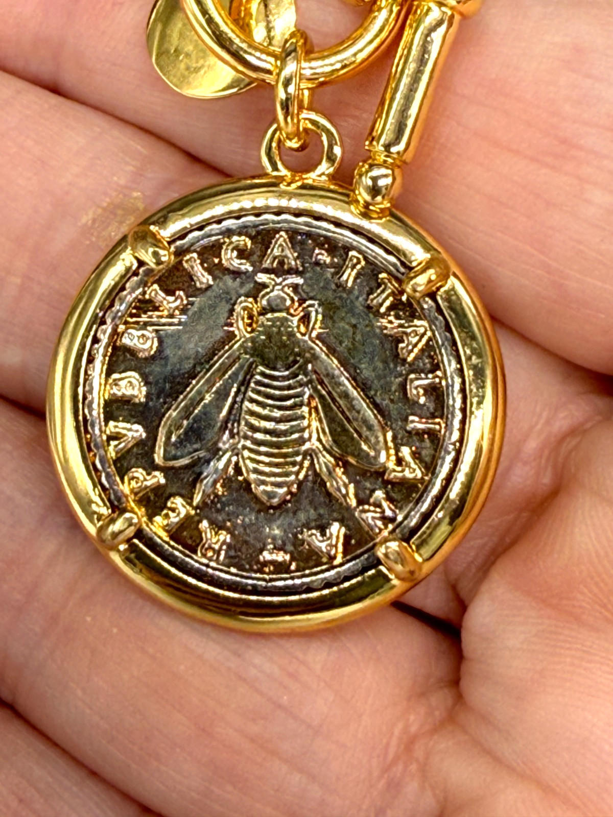 Mia Fiore Necklace Dyadema 18K Gold Plated Coin Pendant Italy Paperclip Chain