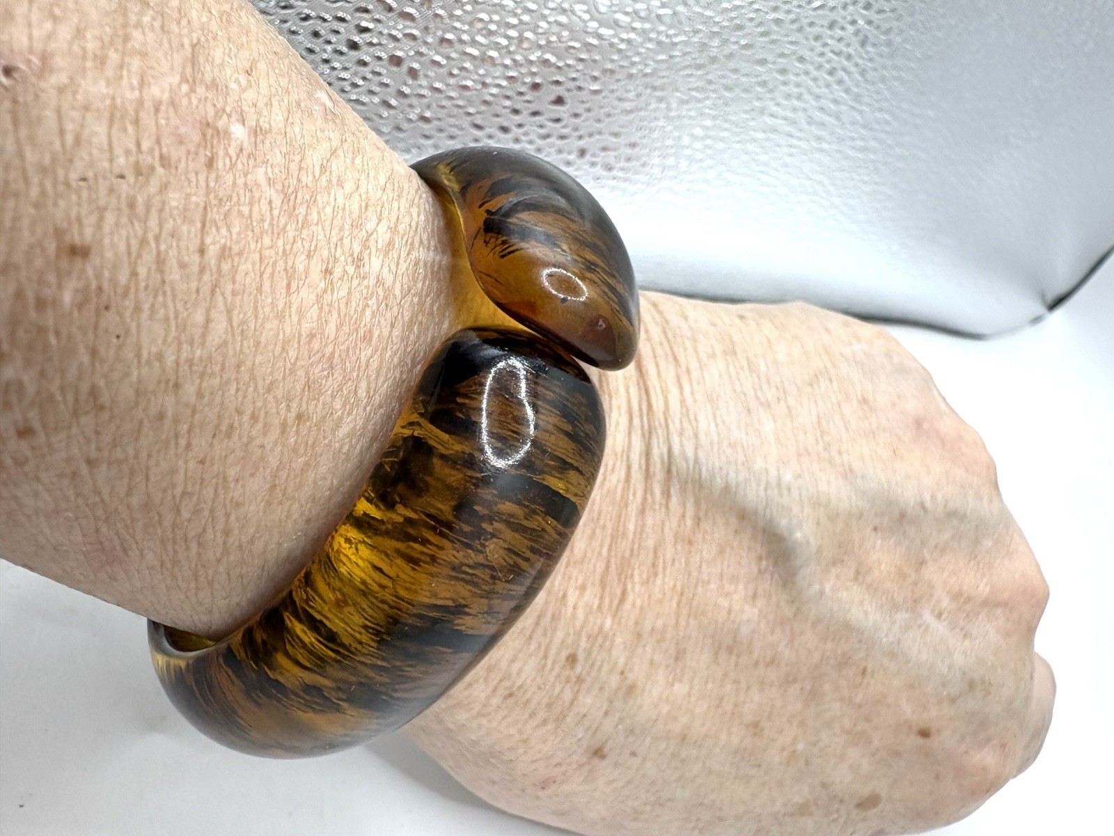 Rutilated Amber Resin Hinged Bypass Cuff Bracelet 6-6.5”