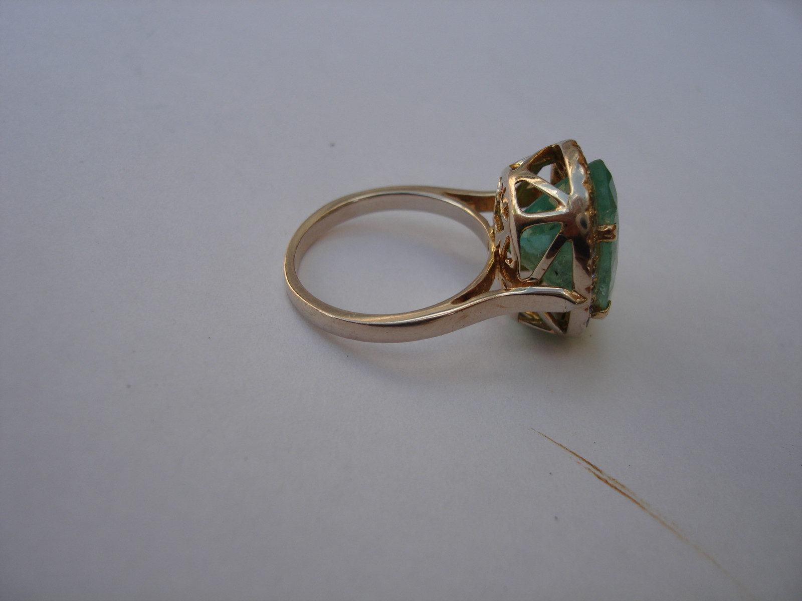 VINTAGE ELEGANT 14K SOLID WHITE GOLD BERYL EMERALD DIAMONDS COCKTAIL RING SIZE 6