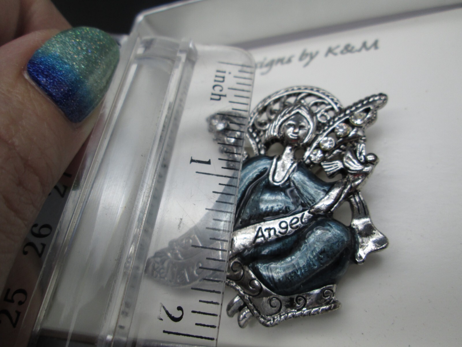 Vintage Angel Brooch Pin Silver Tone Rhinestone Blue Enamel Believe Estate NIB