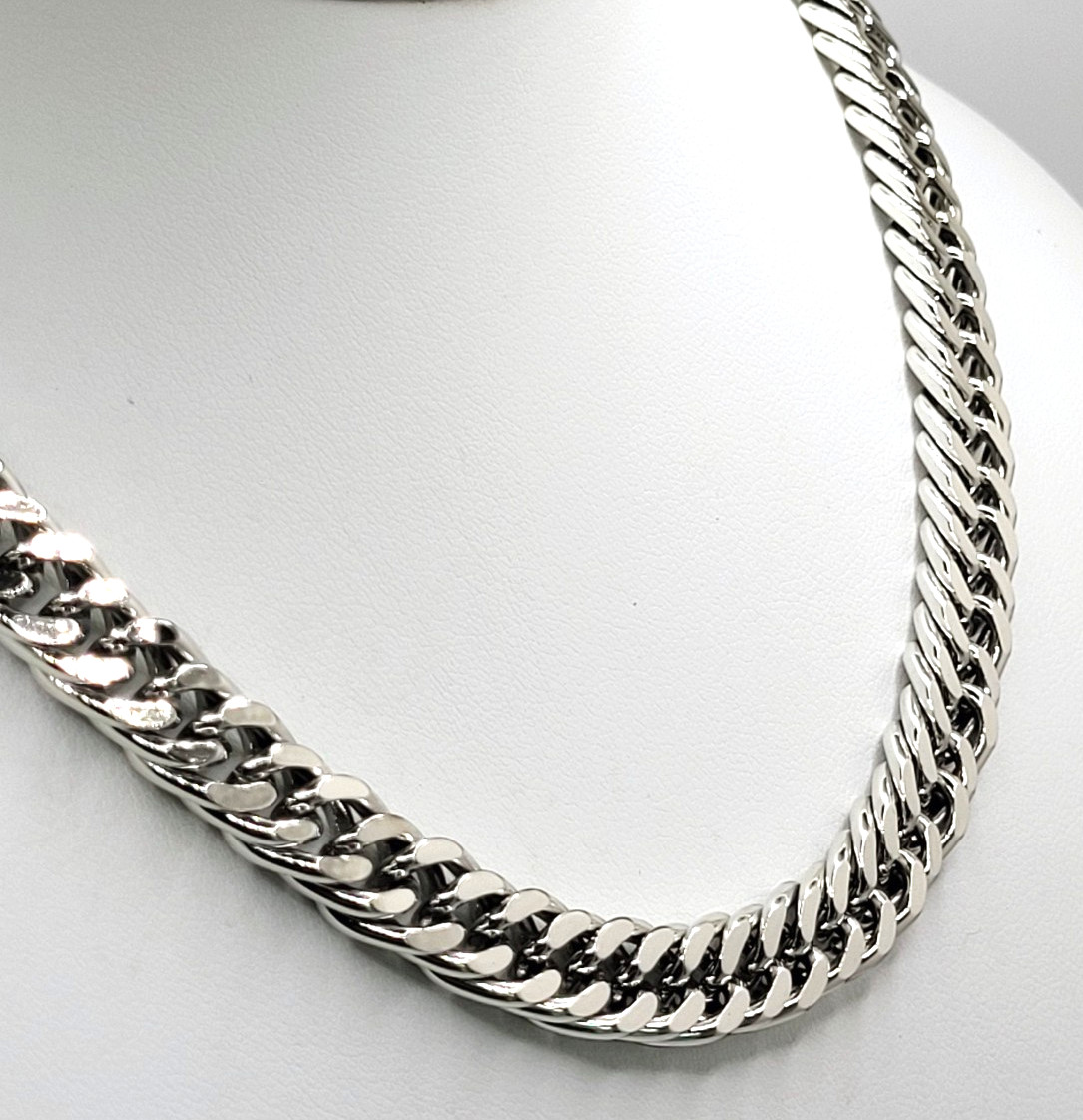 Vintage Rhodium Plated 9mm Curb Chain Choker Necklace 14″- 17.5″ Hook Clasp