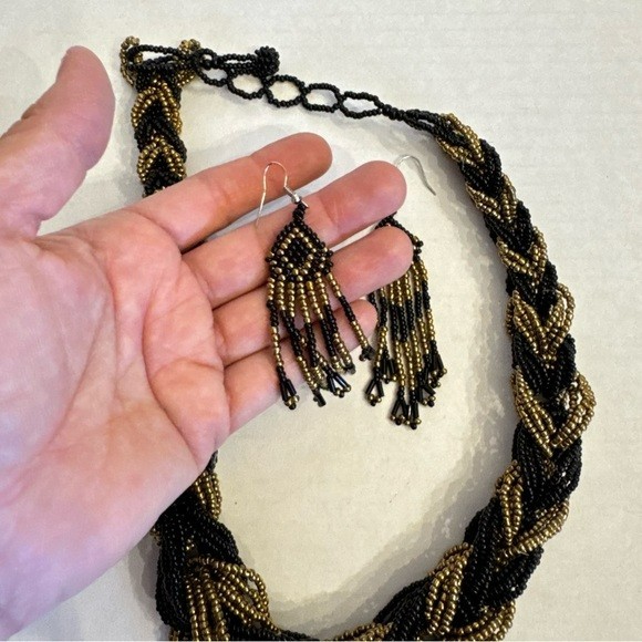 Vintage Multistrand Braided Chunky Beaded Statement Choker Necklace Earring Set