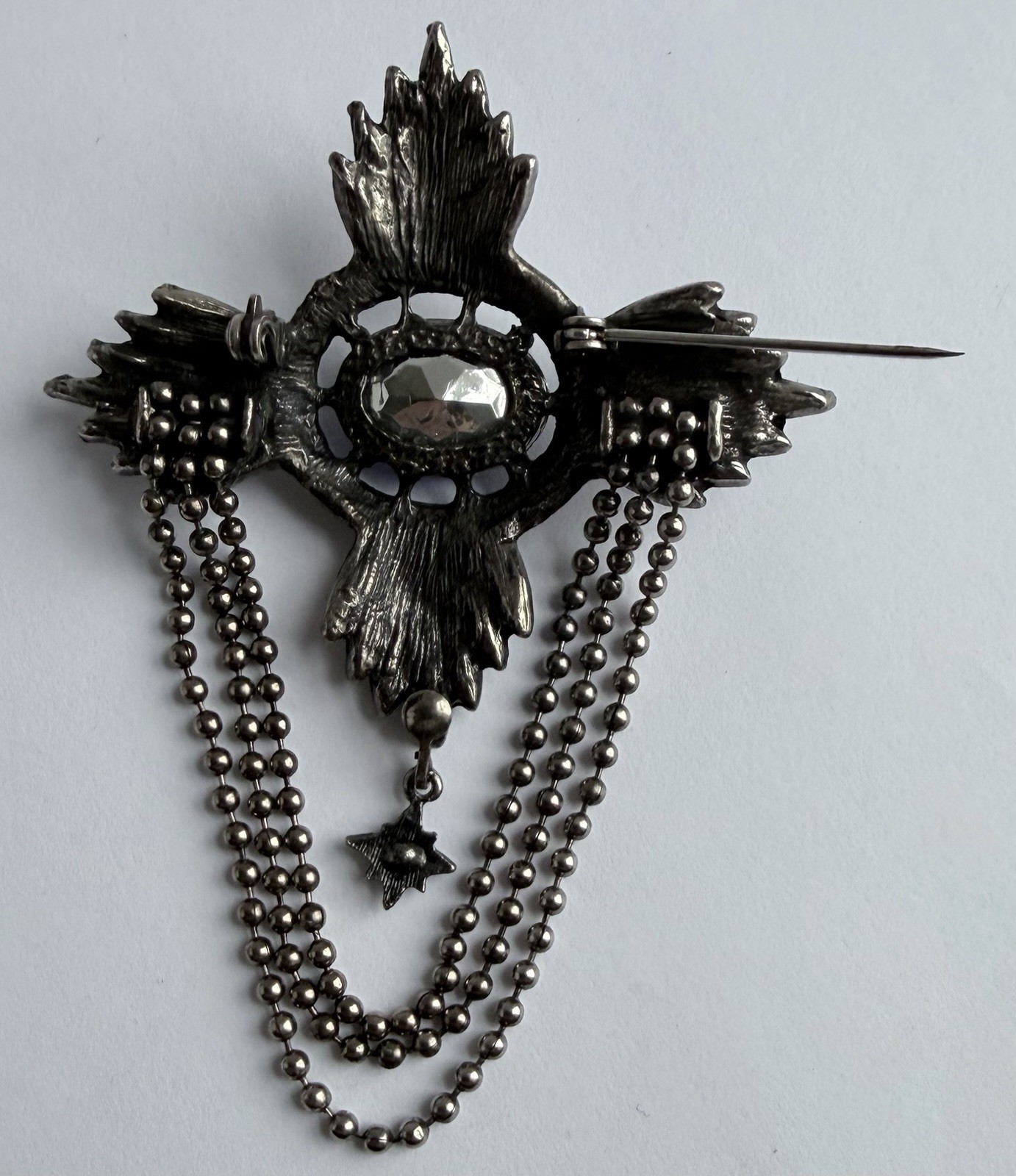 Vintage 1980’s Blue Festoon Brooch Clear Rhinestone Chain Dangle