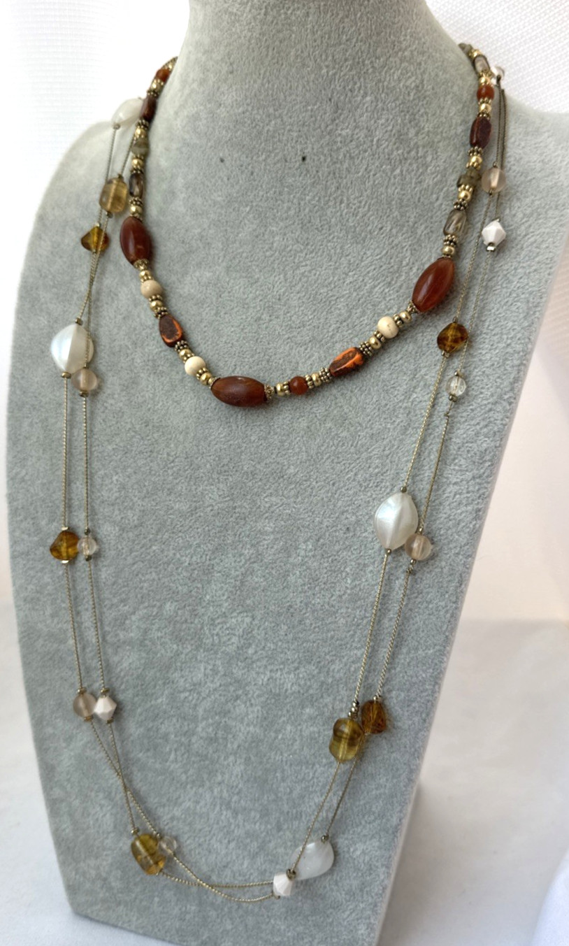 vtg *2 Necklaces Stack* Earthtones GOLD bead chain textured Jewelry Lot-1 signed