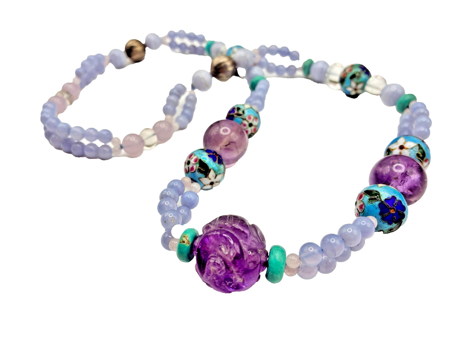 Amazing Chinese Enamel Silver Cloisonne Amethyst Turquoise Blue Agate Necklace