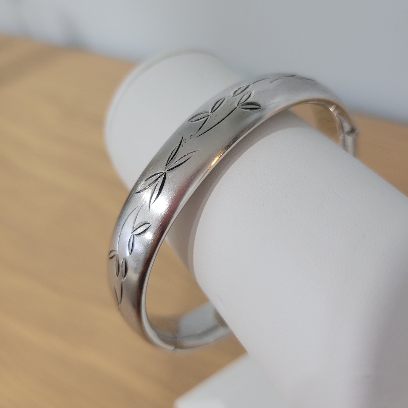 Vintage Sterling Silver H.F.B. Hinged Bracelet Etched Floral Brushed Finish