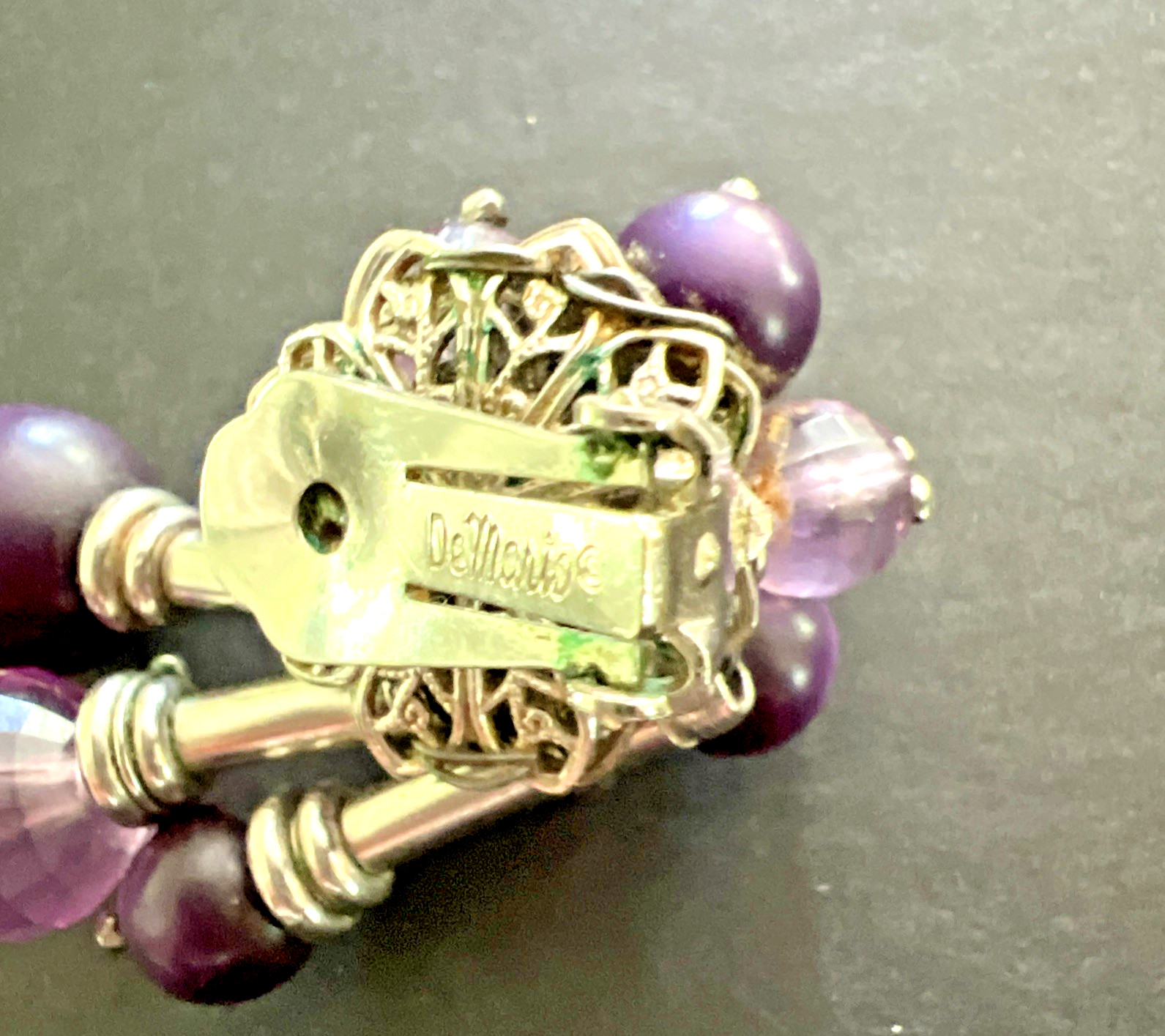 Vintage SIGNED DEMARIO AMETHYST & SILVER BEAD NECKLACE & EARRING SET / 6 STRAND
