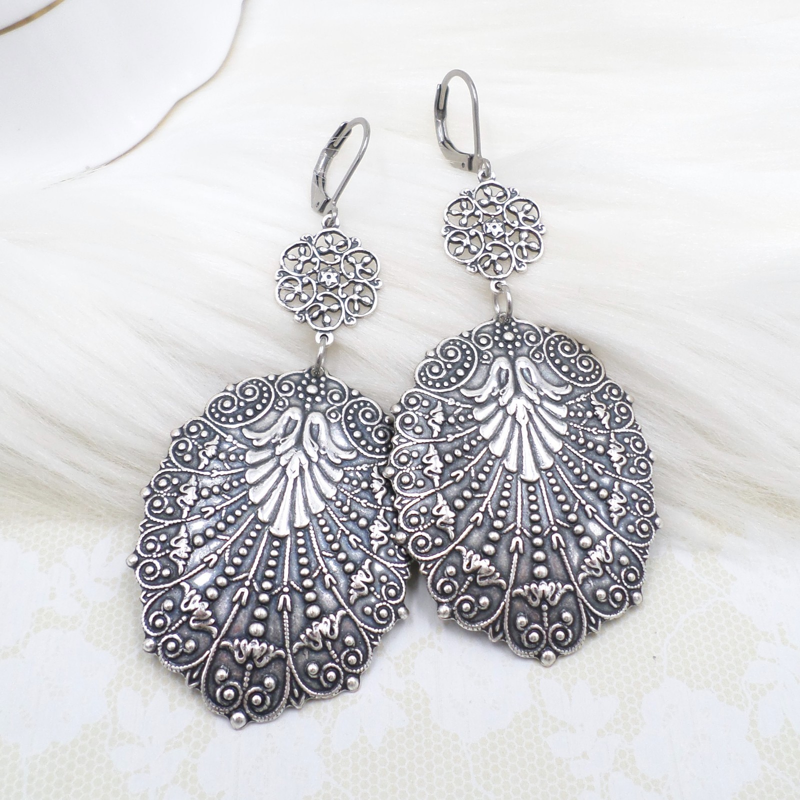 Large Antique Silver Filigree Statement Earrings, Bohemian Ethnic Style Jewelry