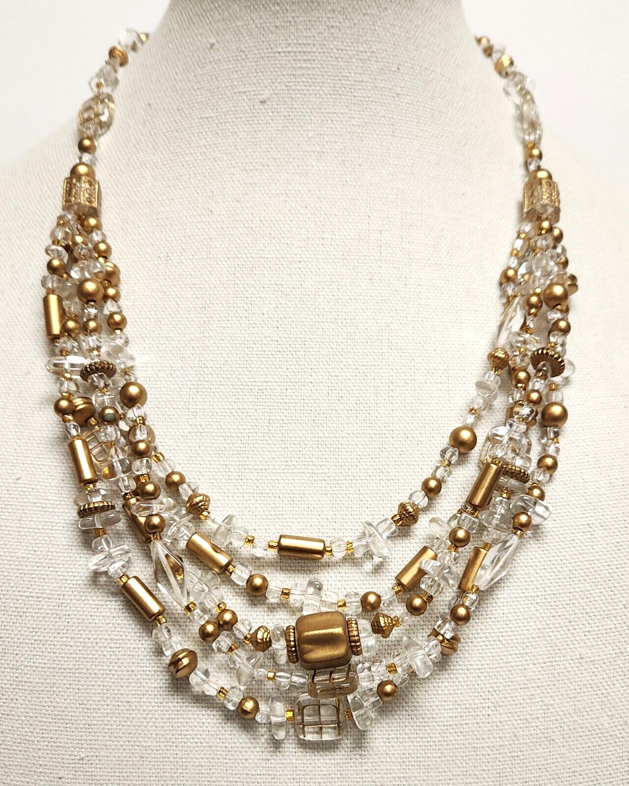 Gorgeous Vintage Clear & Gold Lucite Necklace 23.5″ x 4″ Orig Tag Made in China