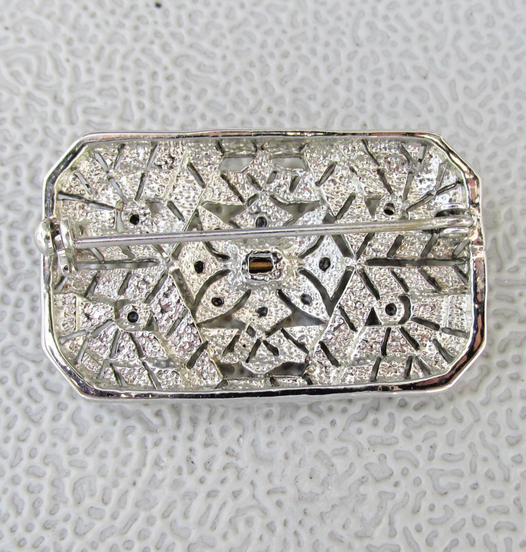 Vintage Art Deco Silver Tone Sapphire Blue & Crystal Rhinestone Brooch Pin