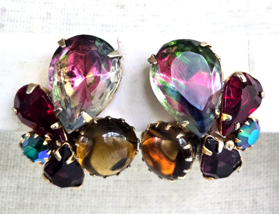 Vintage Multi Color Watermelon Iridescent Cluster Gold Tone Clip Earrings 1-1/16