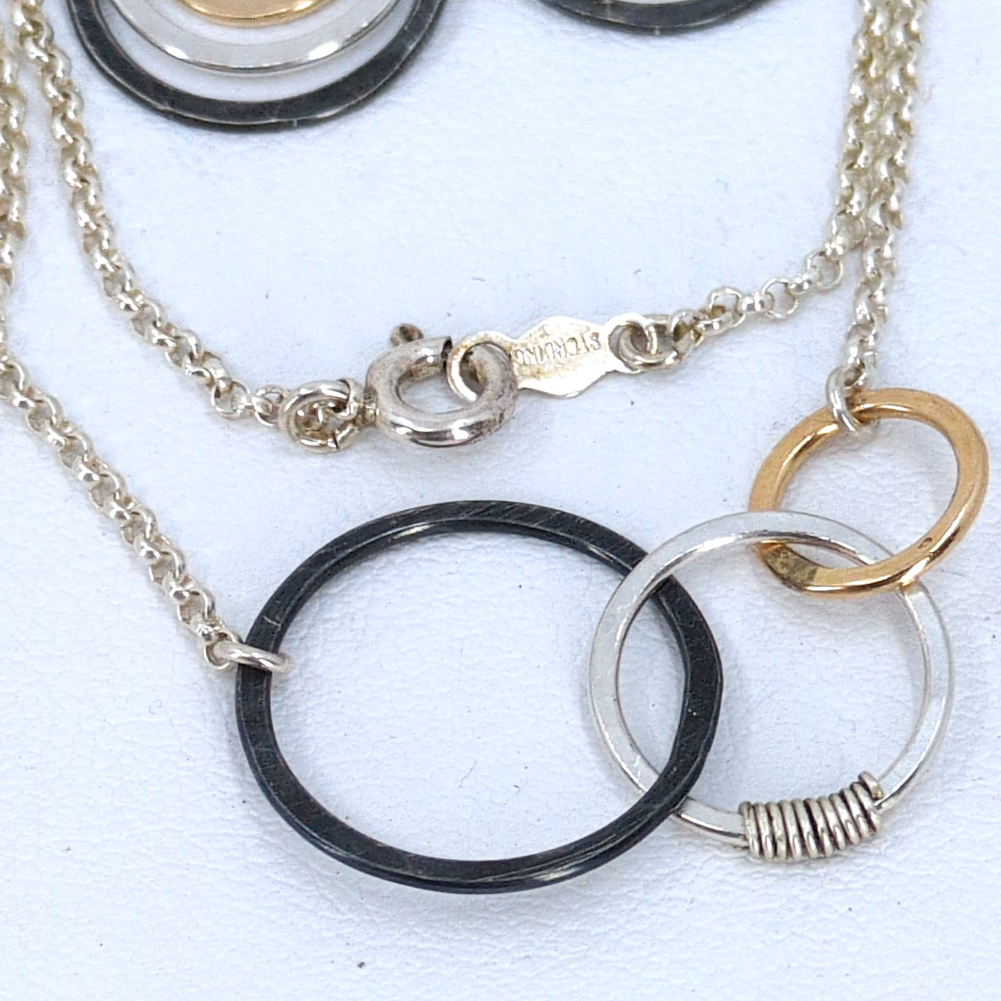 Sterling Silver Mixed Metal Jewelry Set Necklace 18″ Bracelet Earrings Tri-tone