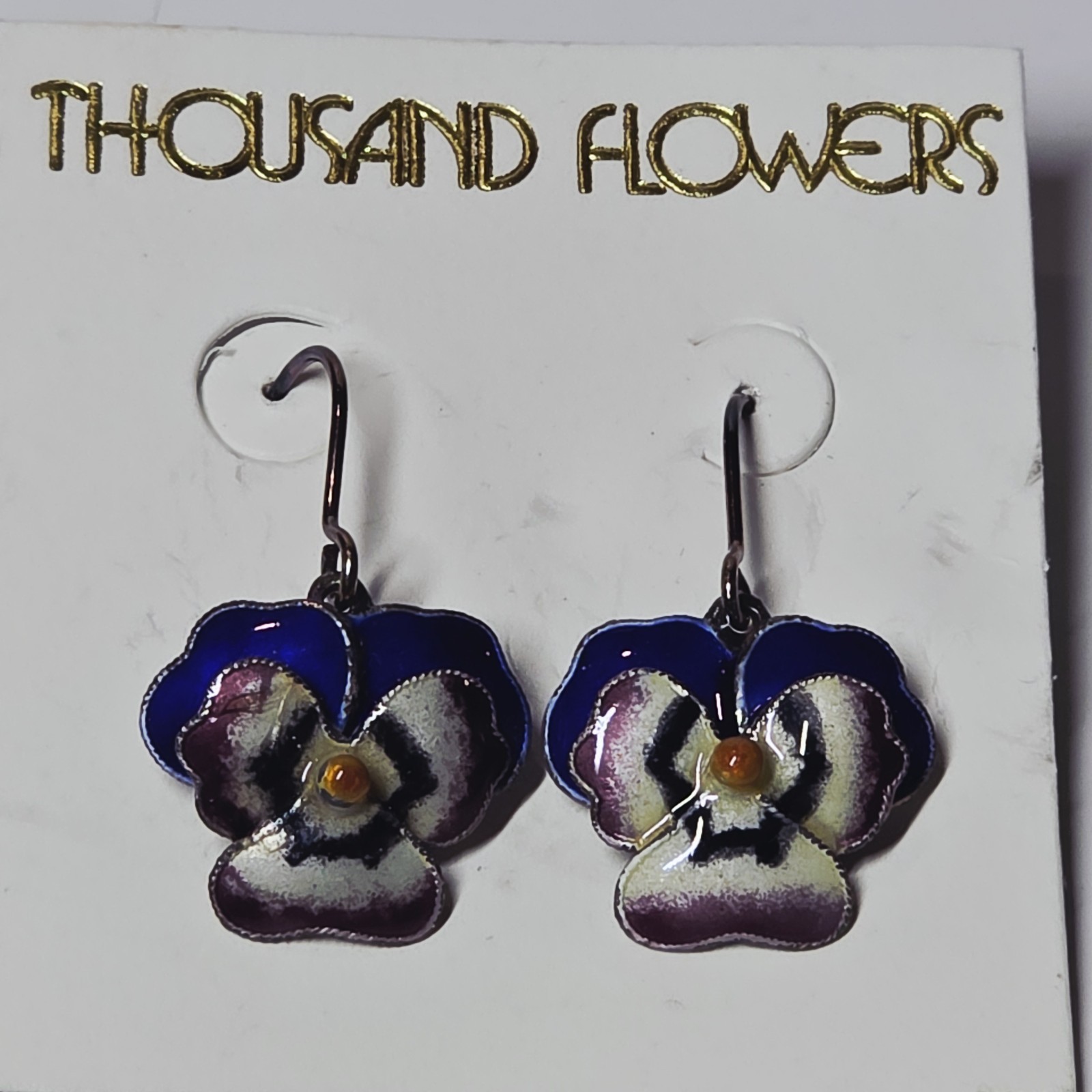 NEW Vintage Thousand Flowers Enamel Pansy Flower Sterling Silver Wire Earrings