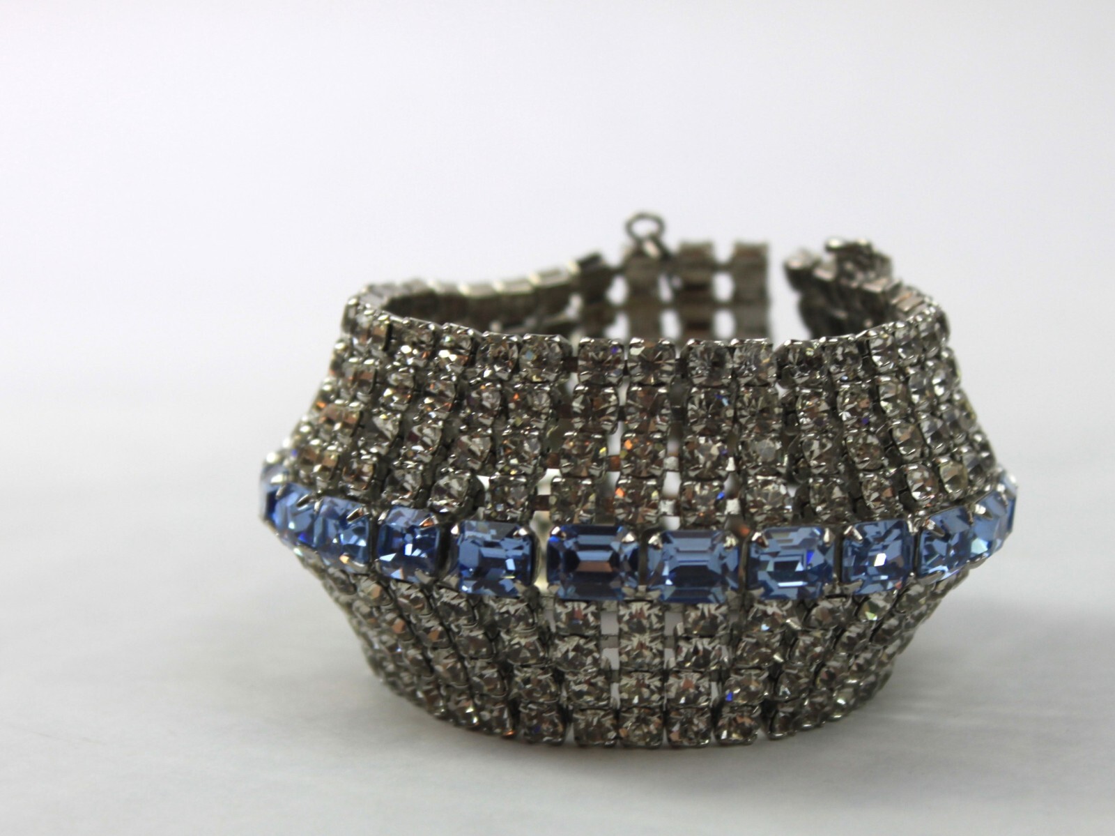 Rhinestone Bracelet Cuff Nine Row Emerald and Round Cut Rhodium Plate