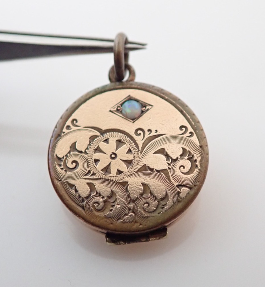 Antique SKM & Co Gold Filled Etched Opal Photo Locket Fob Pendant Necklace