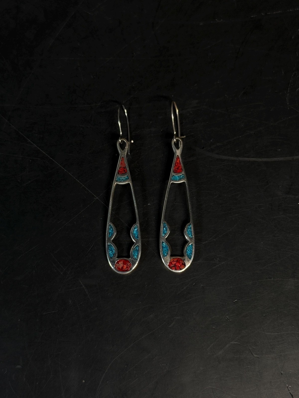 Southwestern Sterling Silver Turquoise Coral Inlay Drop Earrings