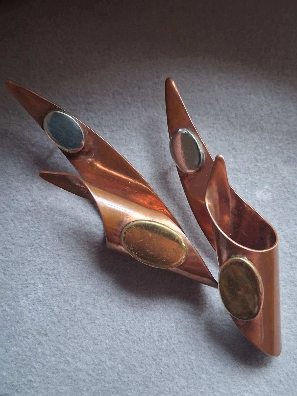 Mid century modern MCM copper abstract mixed metal large earrings