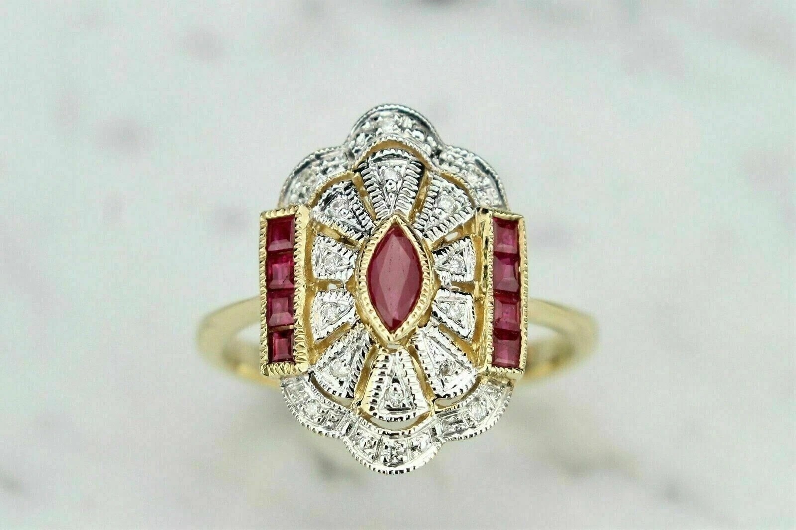 2.85Ct Art Deco Style Red Lab Created Ruby Engagement Wedding 14K Gold FN Ring