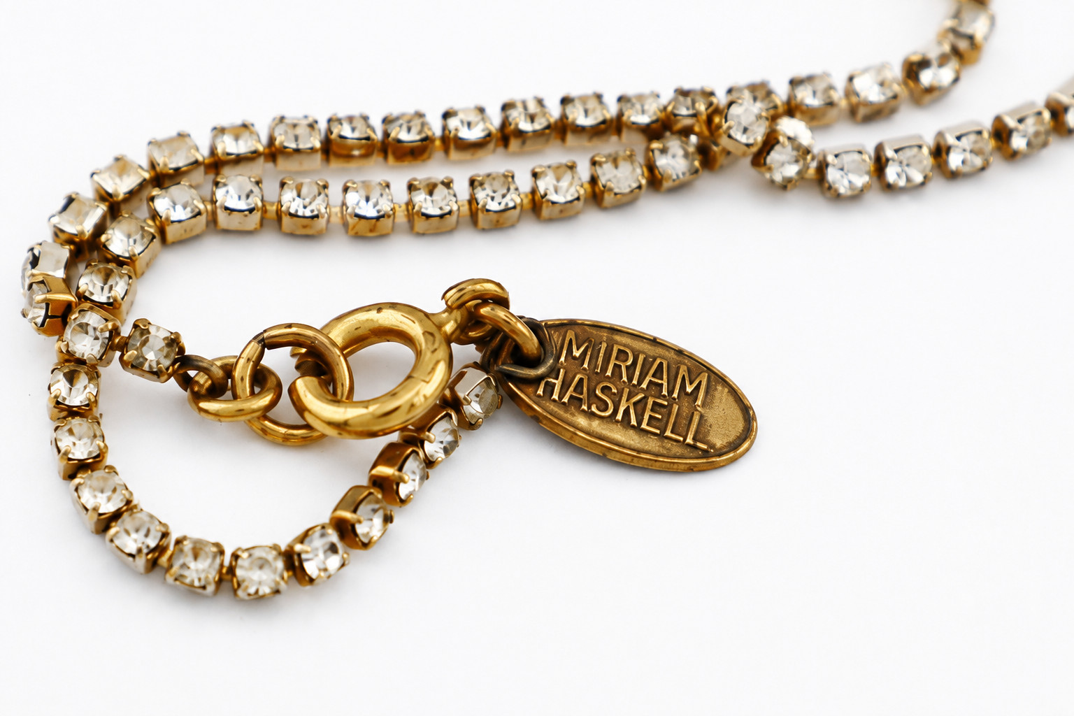Vintage Miriam Haskell 30″ Gold Plated Rhinestone Cup Chain Necklace *Signed*