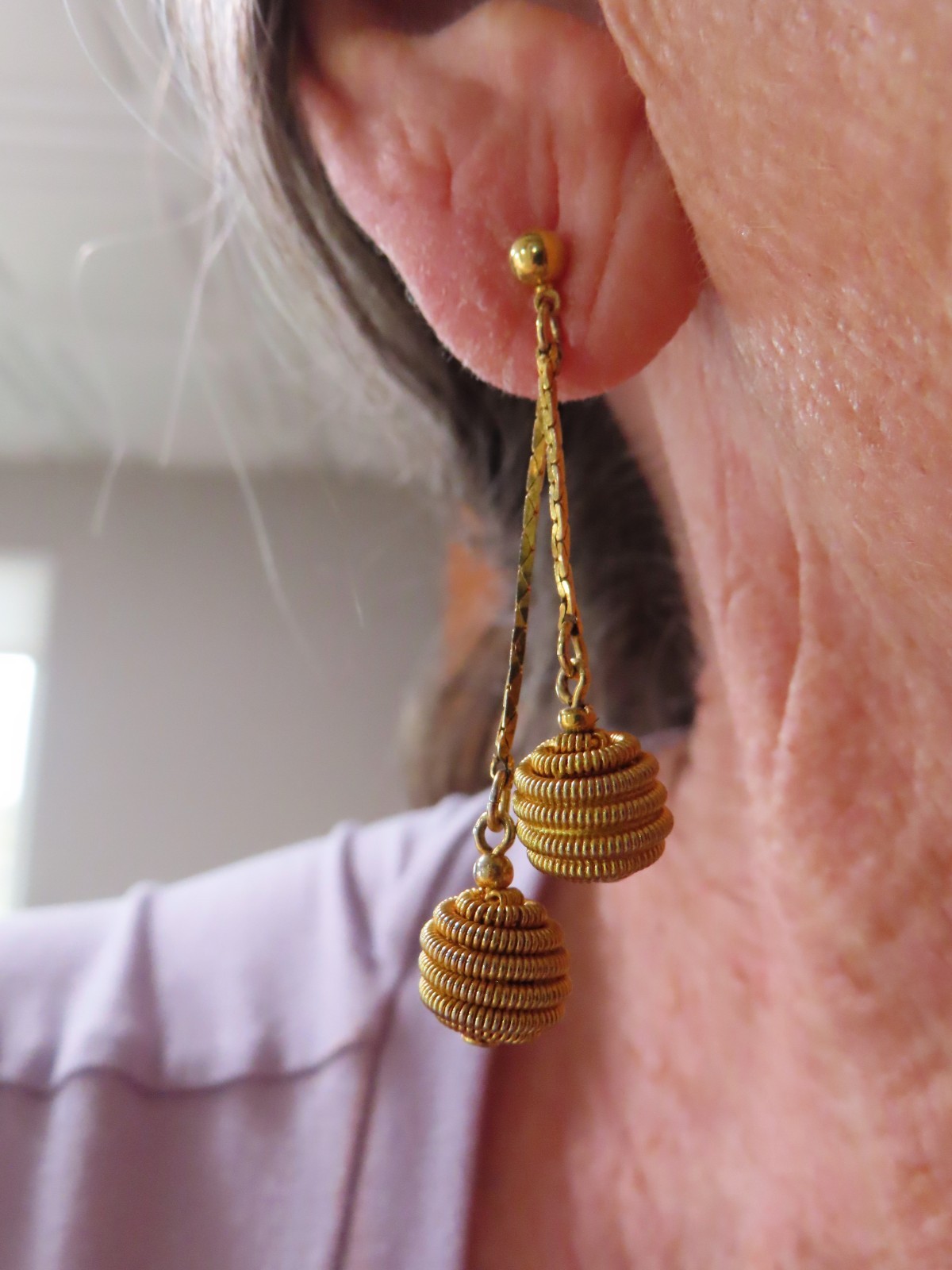 Vintage Gold Plated 1980’s Dangle Ball Pierced Earrings on Cobra Chain
