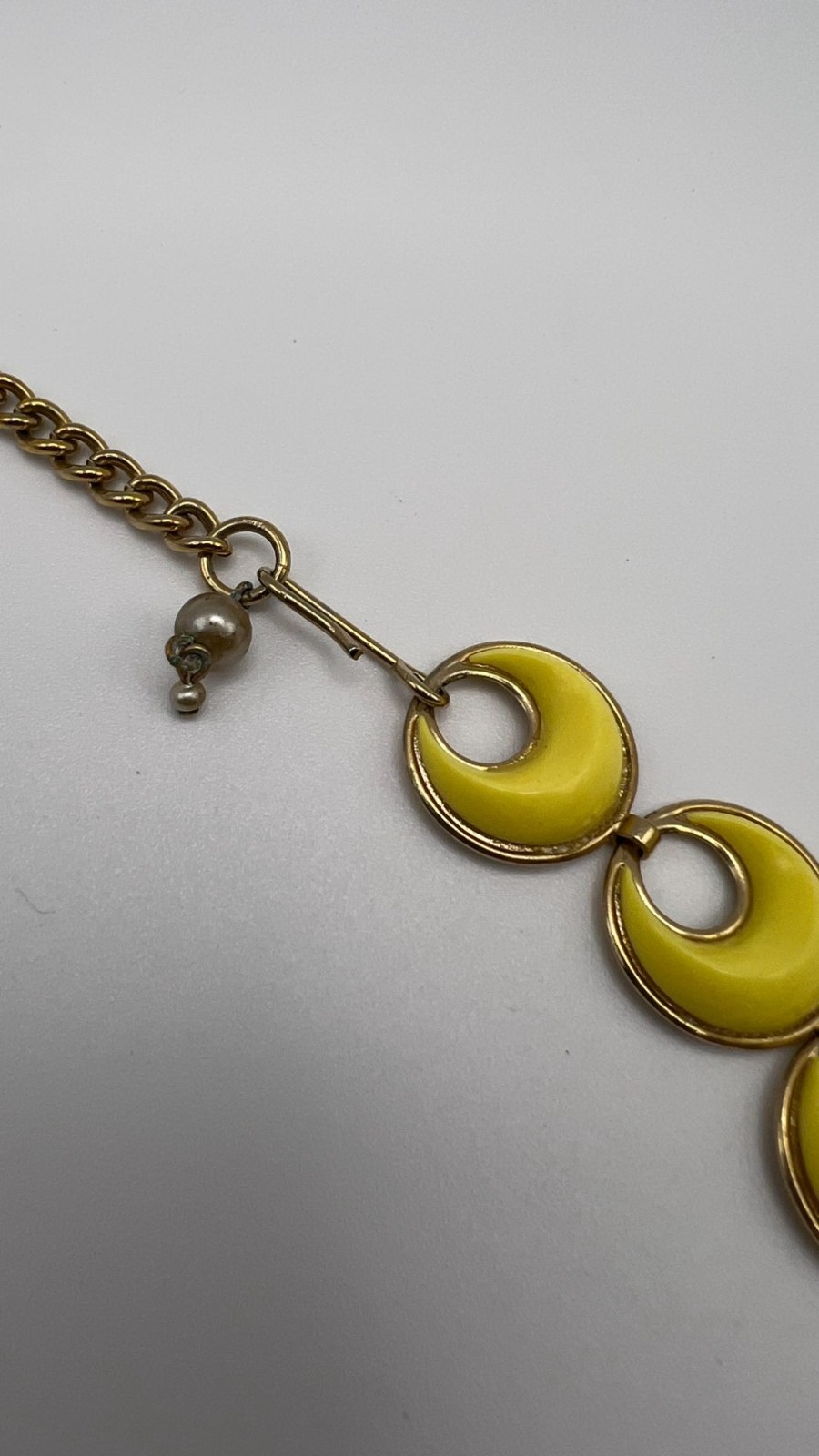 Vintage Yellow Crescent Moon Enamel Necklace With Gold-Tone Chain And Hook Clasp