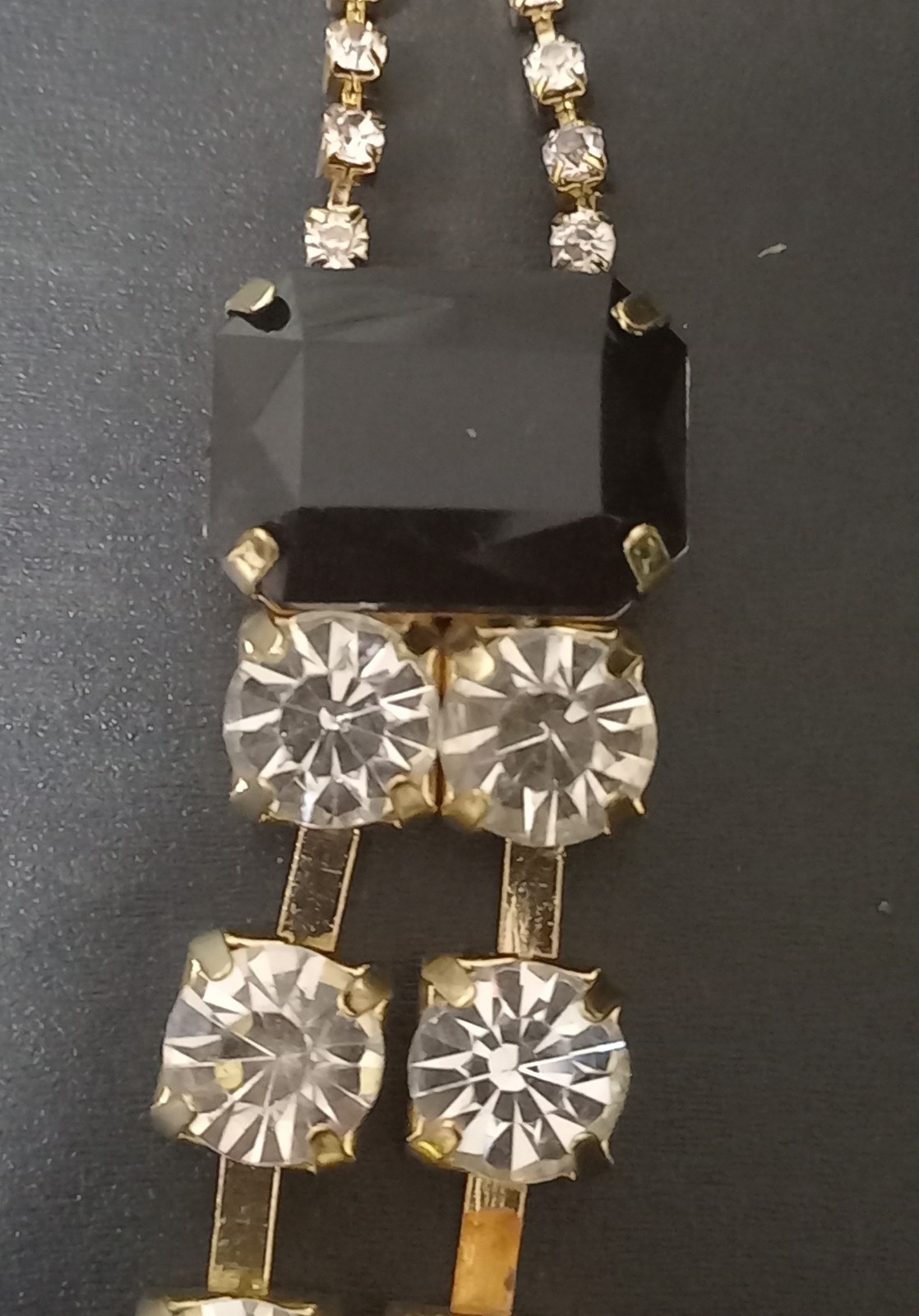 Vintage Gold Tone Clear Rhinestone & Black Emerald-Cut Stone Statement Necklace