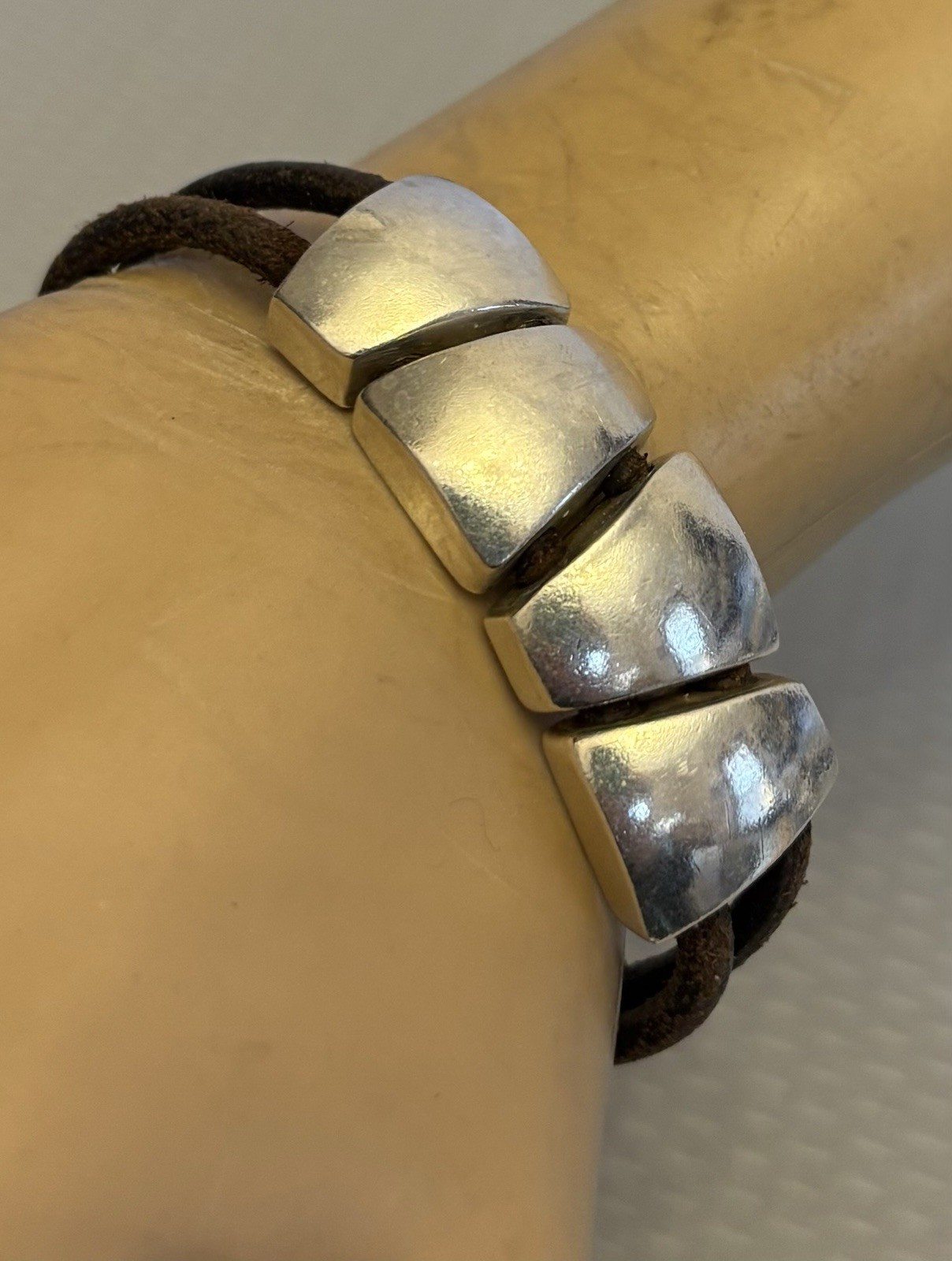 925 Taxco Mexico Modernist Sterling Silver Chunk Bracelet Leather Cord Toggle