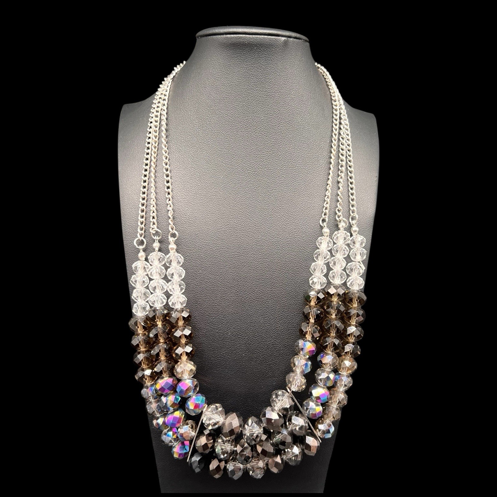3 Strand Beaded Crystal Necklace Faceted AB Graduating Lustrous Brown Clear