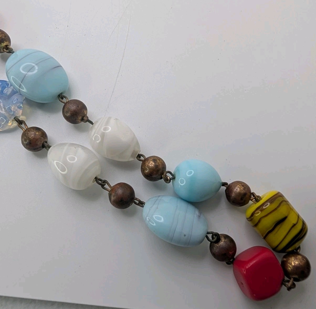 VTG Colorful Glass Metal & PlasticBead Necklace Painted Bronze Swirls Long