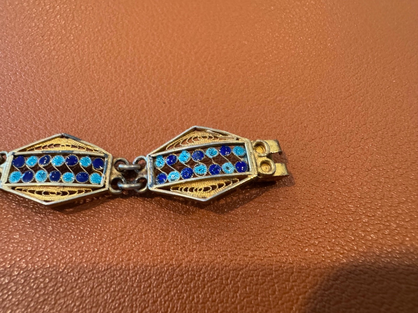 Vtg Antique 800 Silver Filigree Design Blue Enamel Bracelet w/ Gold Wash