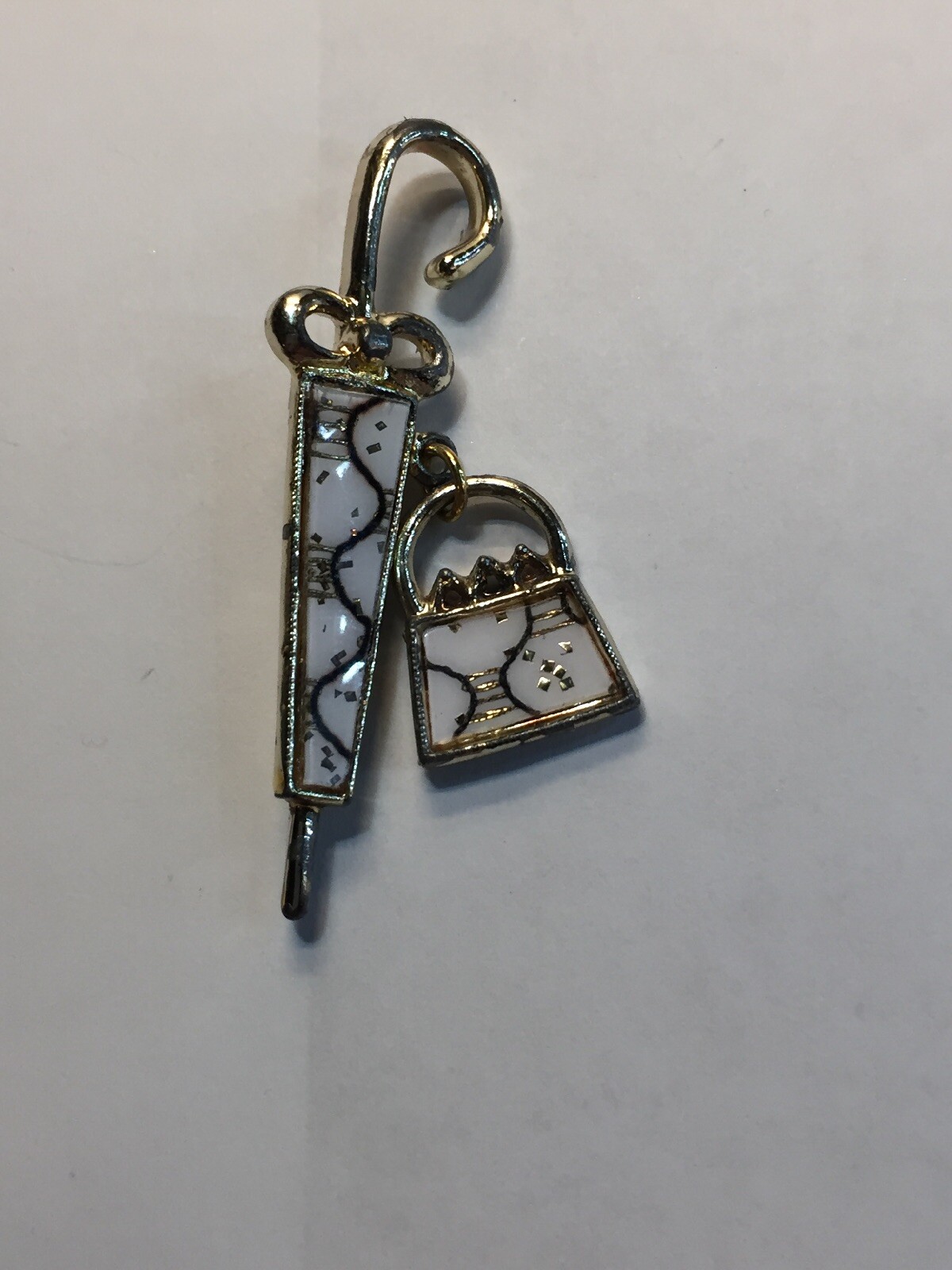 Vintage 2 3/8″ White Gold Enameled Umbrella w/Dangling Purse Brooch Pin