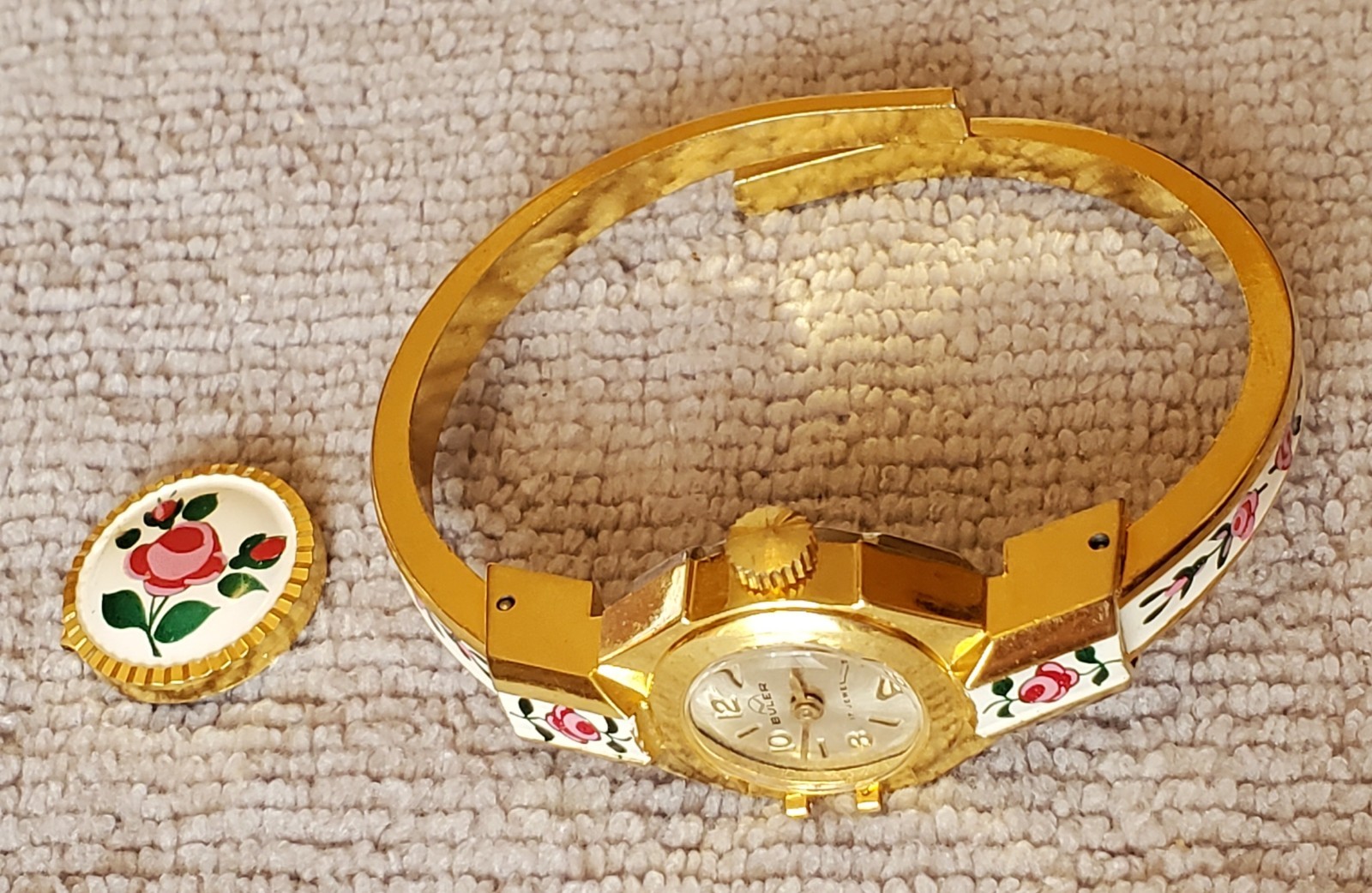Vintage Buler Manual Gold Plate Enamel Rose Bracelet W/Face Cover Needs Repairs
