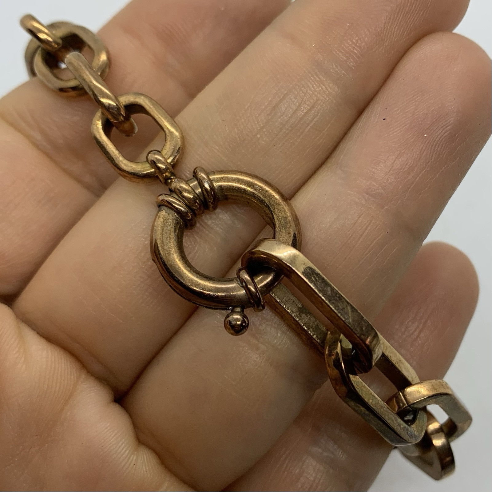VTG HENRI BENDEL DESIGNER COPPERTONE BIG CHAIN LINK CHARM BRACELET 7.25” SIGNED