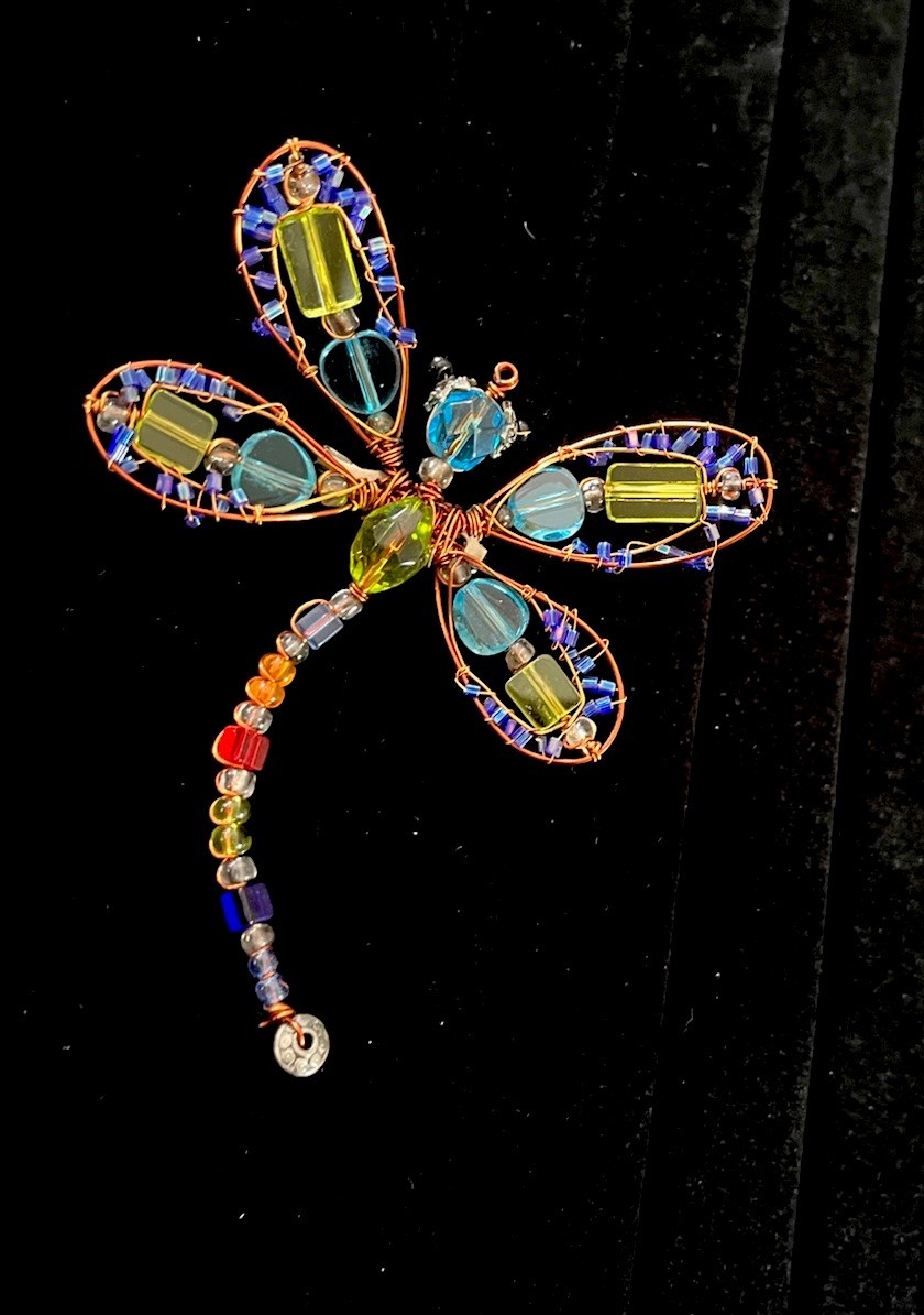 Vintage Handmade Copper Wire Multicolor Glass Beaded Dragonfly Large 4” Brooch