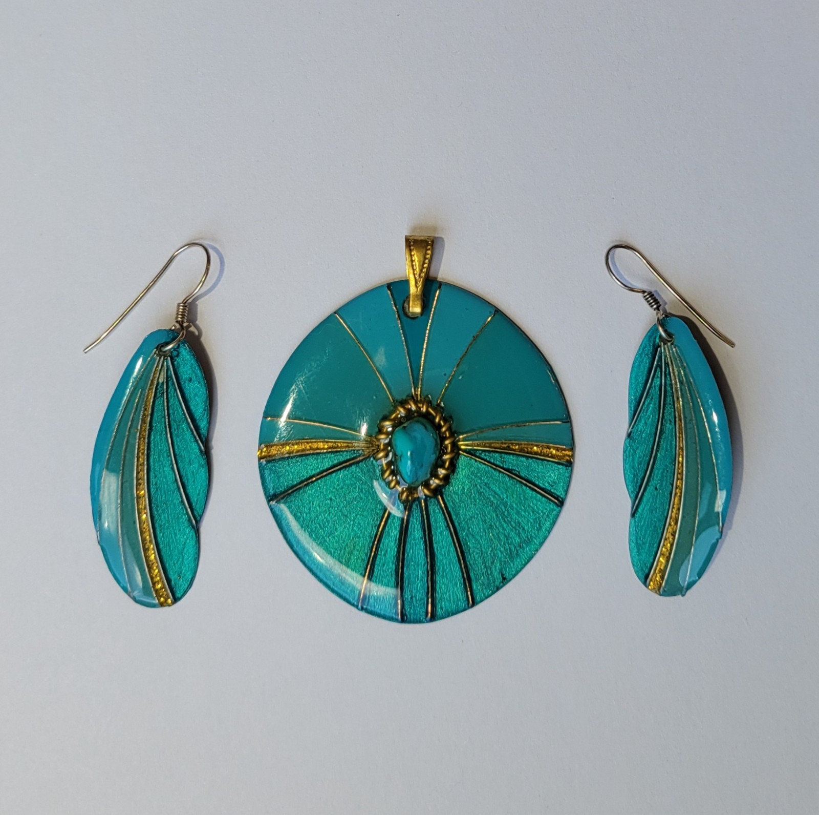 Vintage Gold And Lacquered Blue Handmade Earrings And Pendant Set Signed L.TT