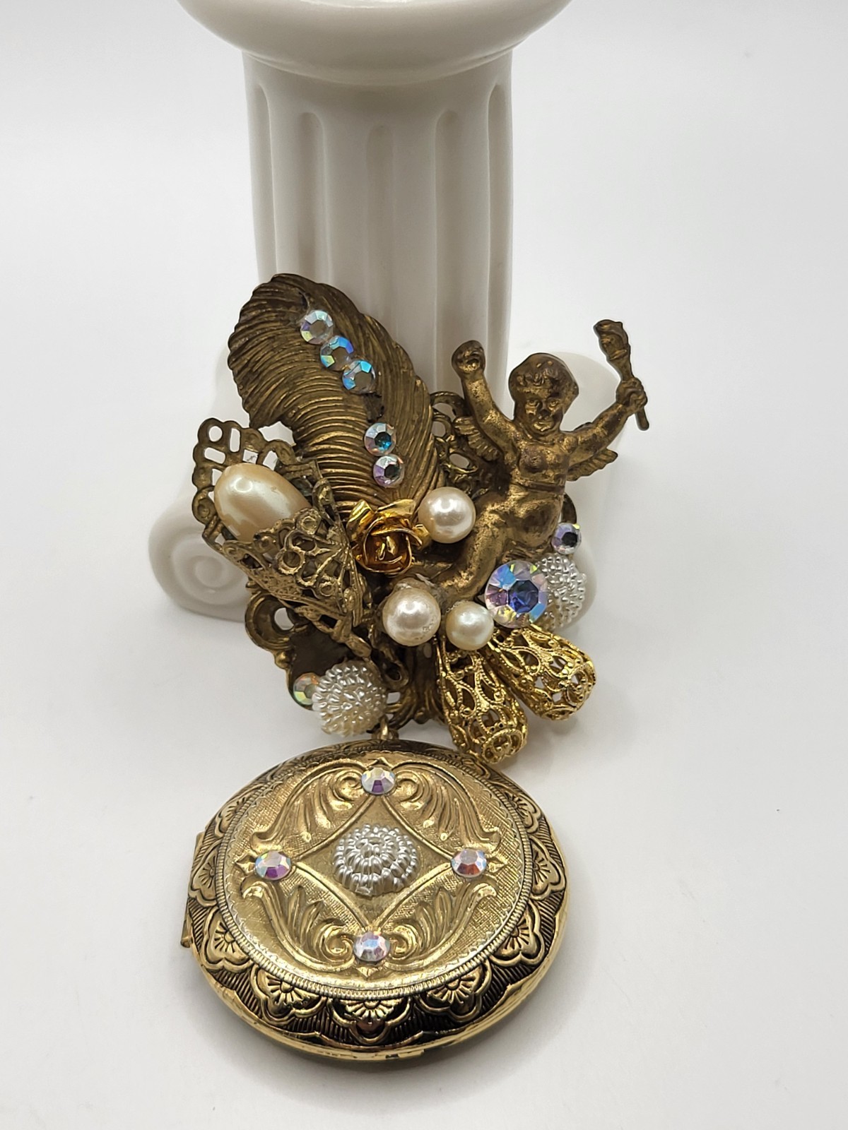Victorian Revival Gold Tone Ornate Angel Brooch Locket AB Crystals Faux Pearls